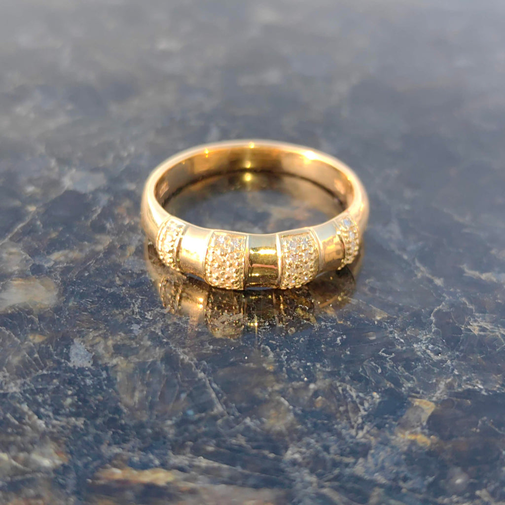 Vintage 18K Gold Diamond Band Ring: 1980s Bamboo Design