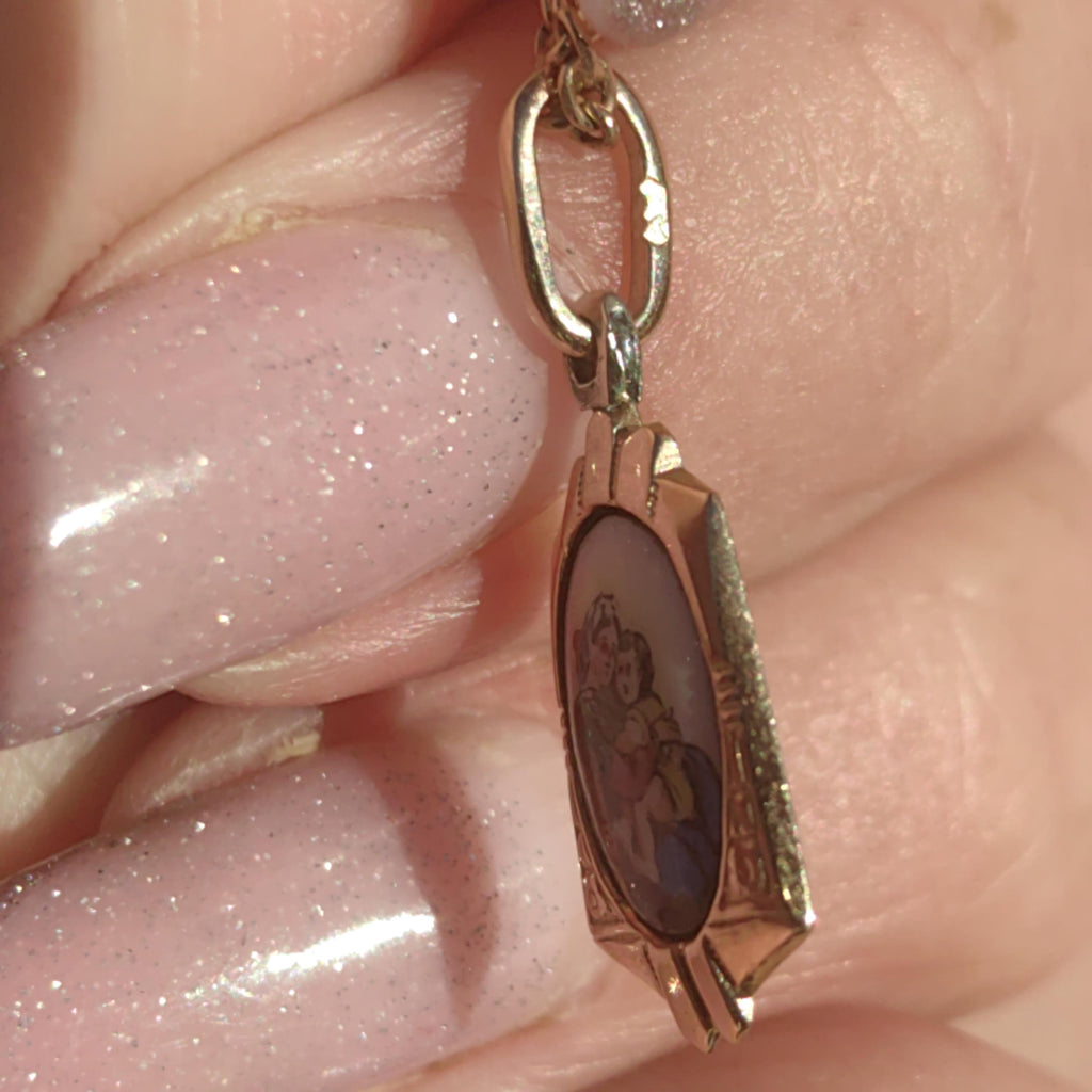 14k Gold Virgin Mary Pendant: Antique Art Nouveau Enamel