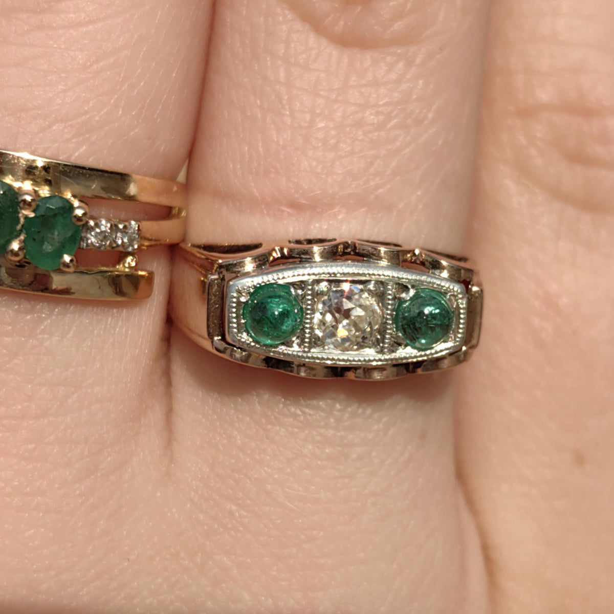 Antique 14k Gold Emerald & Diamond Ring: 1920s Art Deco Statement
