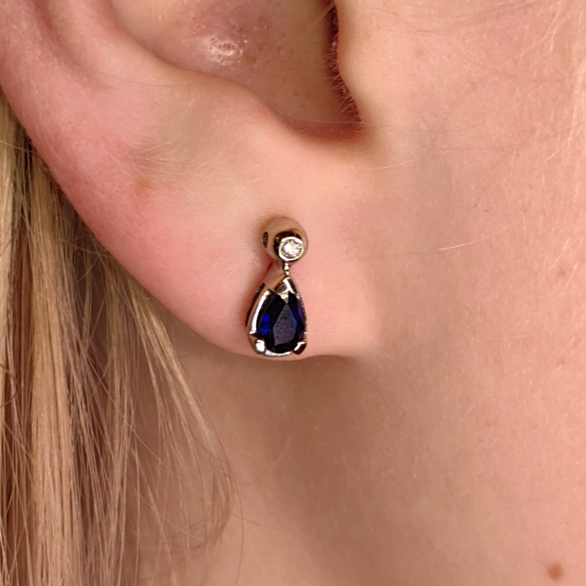 Sapphire and Diamond Hallmarked 18k Solid White Gold Earrings Antique Vintage Blue White Stud Earrings, Gift for Her Anniversary Earrings