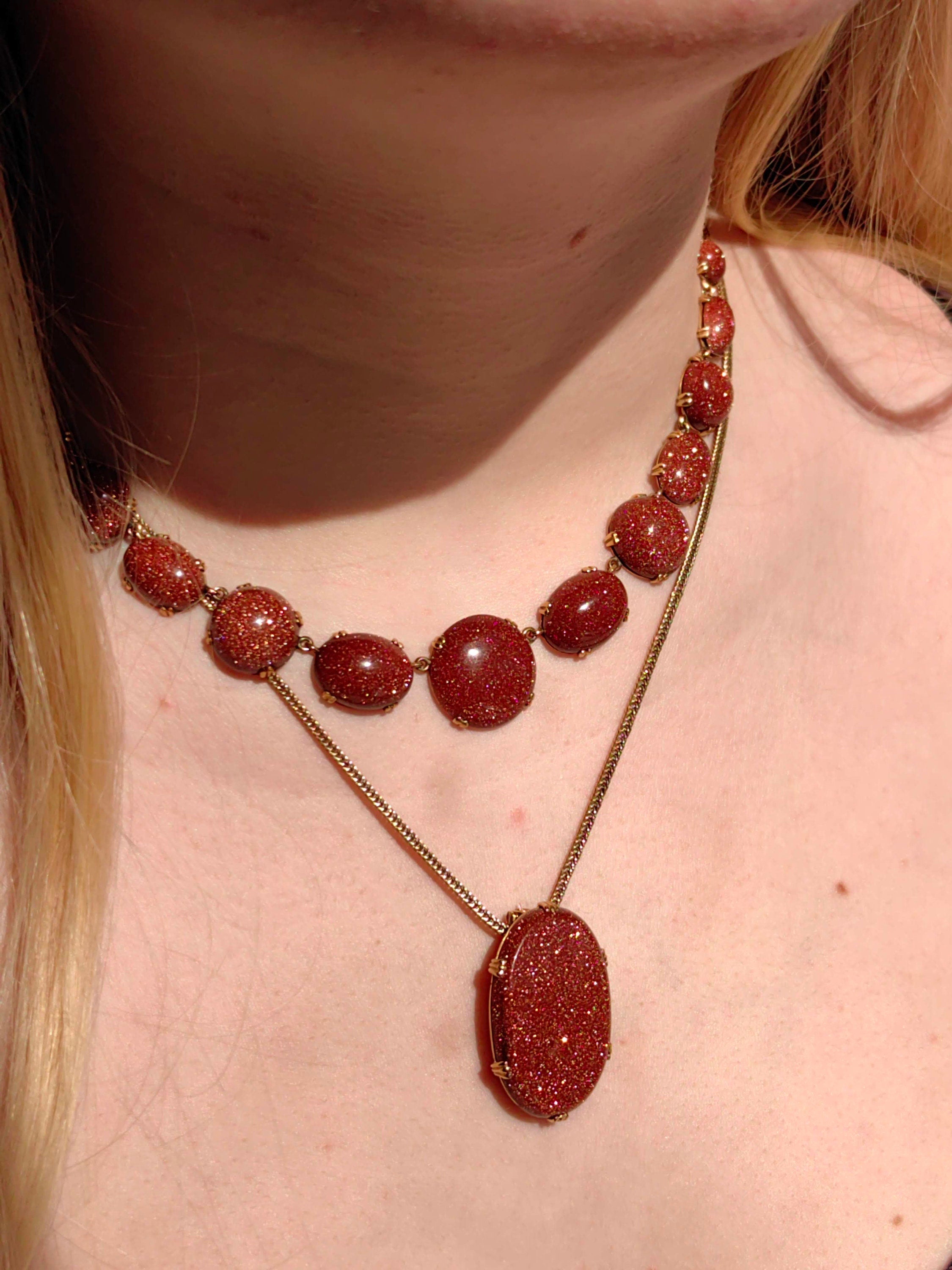 Victorian Goldstone Necklace: 19K Solid Yellow Gold, Antique 1870s