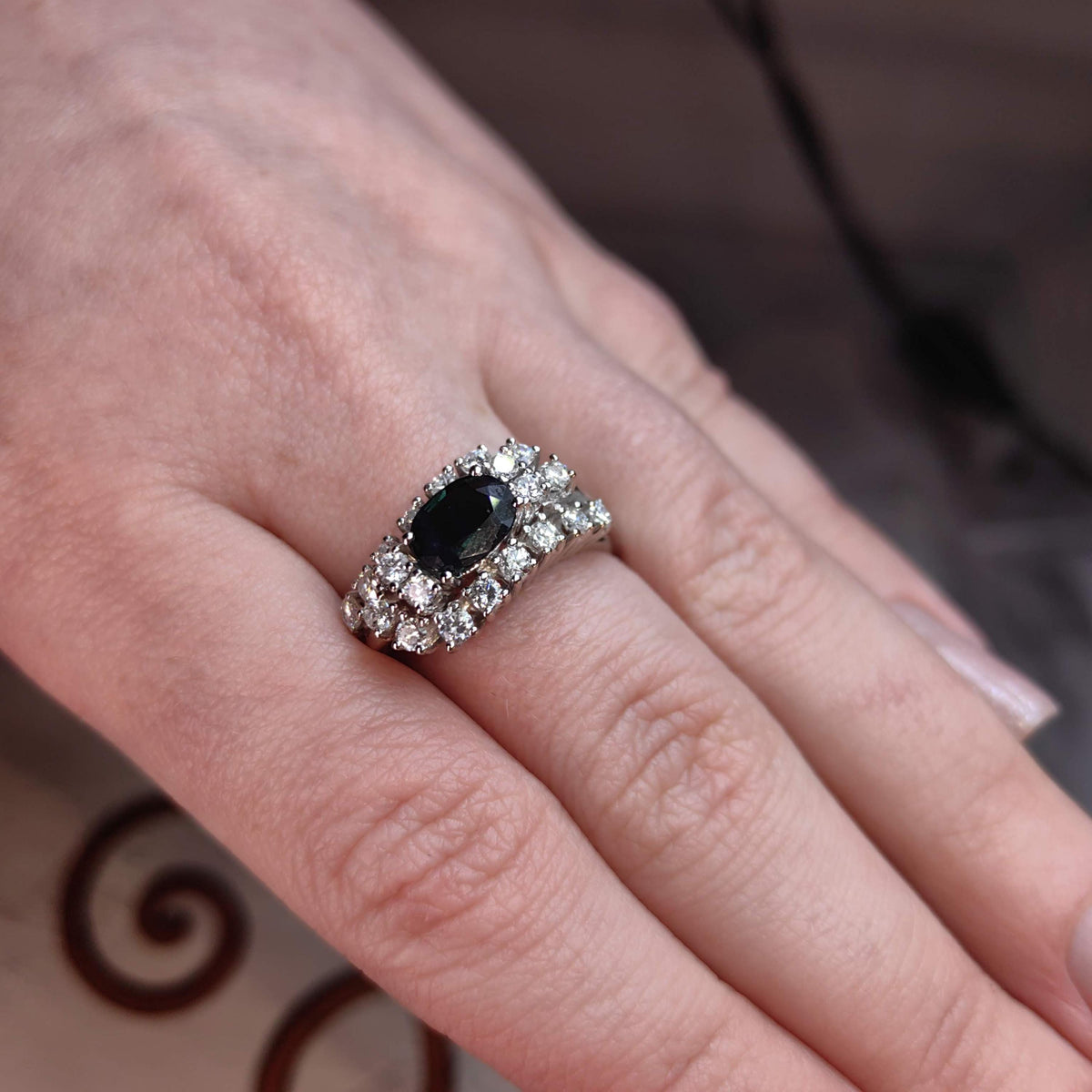 Vintage Mid-Century Sapphire Diamond Ring: 14k White Gold Engagement Ring