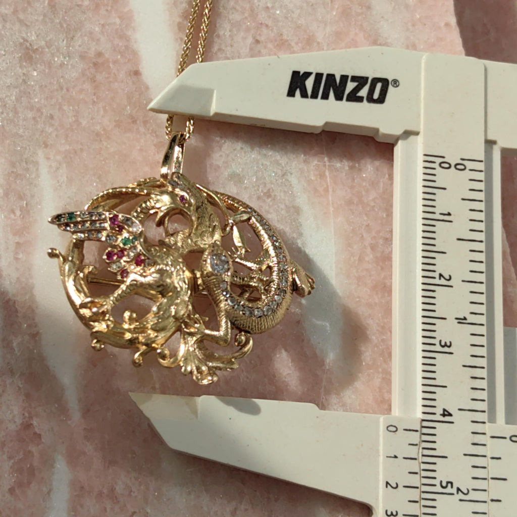 Diamond Emerald Ruby Solid 18k Yellow Gold Griffin Salamander Snake Ritual Magical Statement Pendant Charm Antique Vintage Gift for Her Him