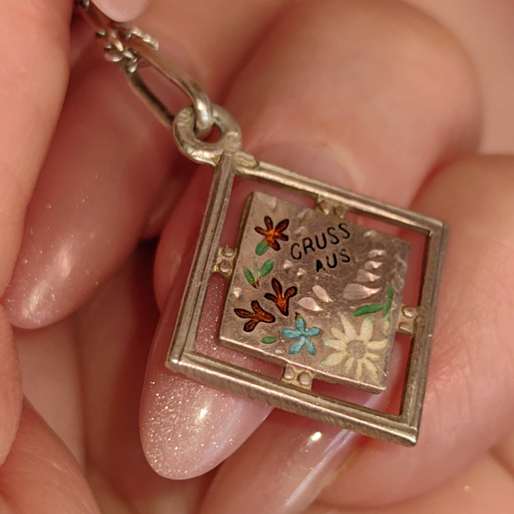 Art Nouveau Antique Vintage 1900s Silver Fire Enamel Floral Flower Gruss Aus hand painted Miniature Pendant