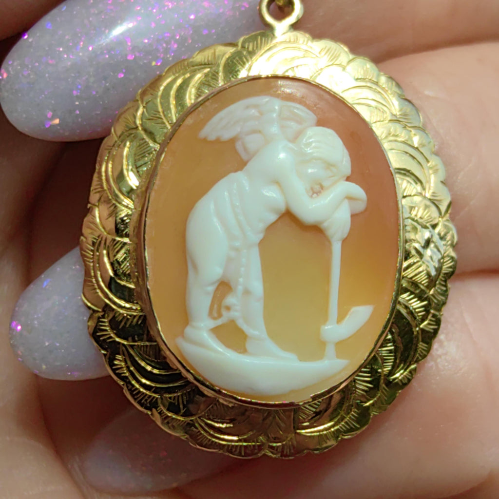 Victorian 18k Gold Shell Cameo Brooch Pendant: Angel, Hope & Faith