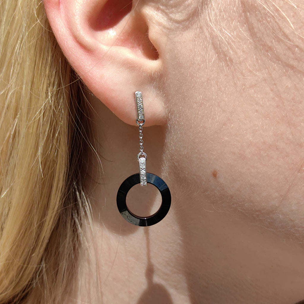 Natural Onyx Diamond 18K Solid White Gold Long Dangle  Drop Earrings Geometric Vintage Retro Statement Earrings Gift for Her
