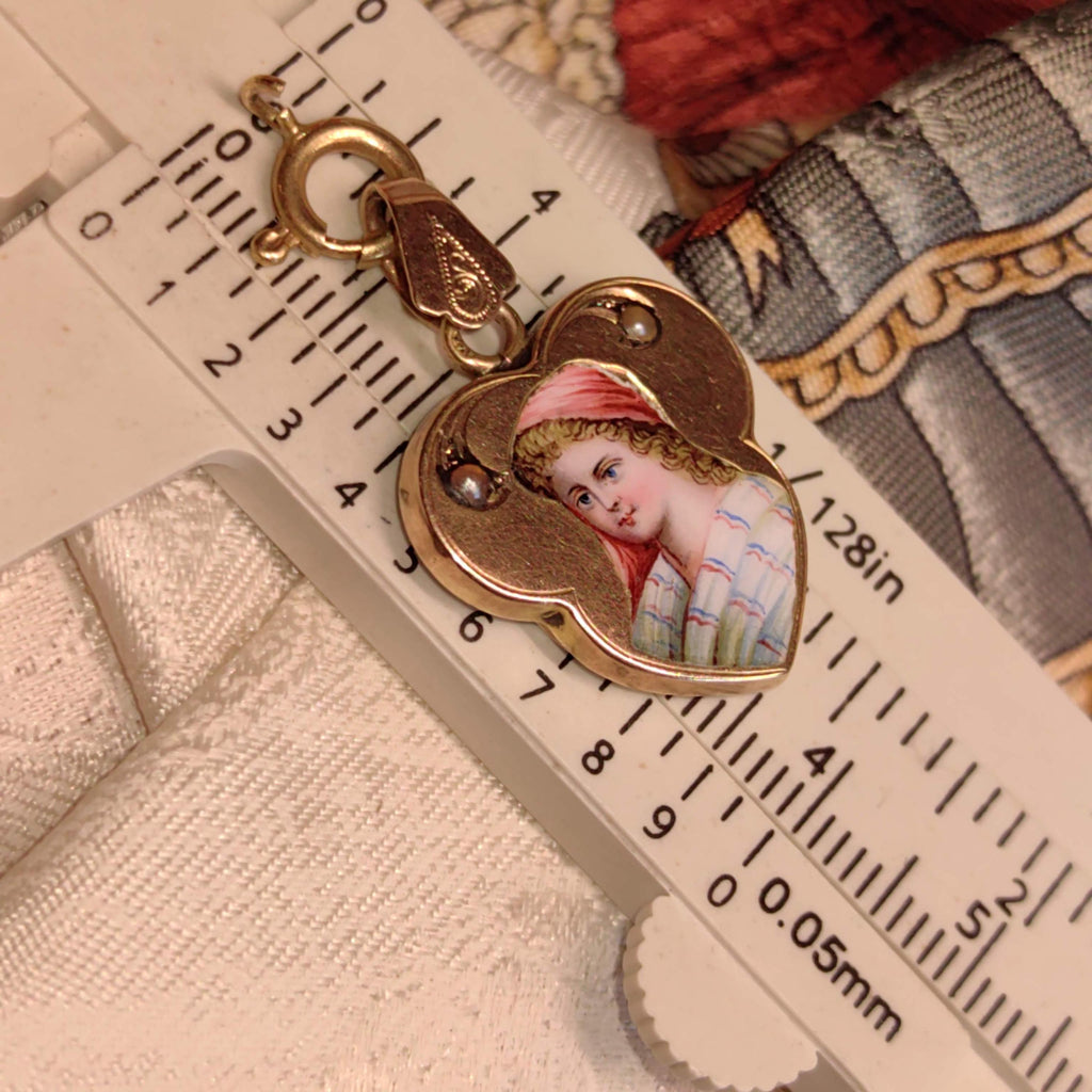 Art Nouveau 1900s  Pearl and 14k Solid Yellow Rose Champagne Gold Hand Painted Fire Enamel Women Portrait Miniature Pendant Gift for Her