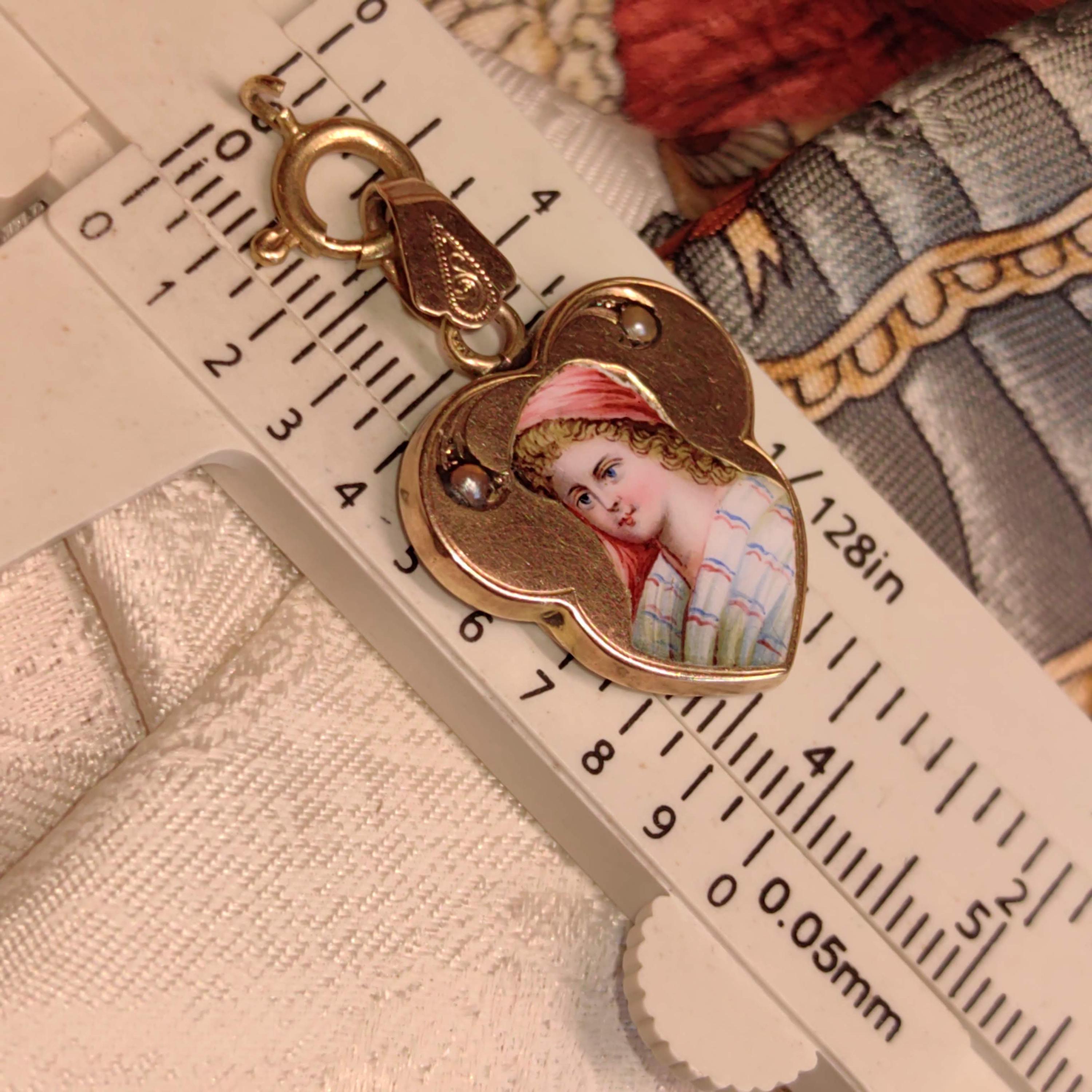 Art Nouveau 1900s  Pearl and 14k Solid Yellow Rose Champagne Gold Hand Painted Fire Enamel Women Portrait Miniature Pendant Gift for Her