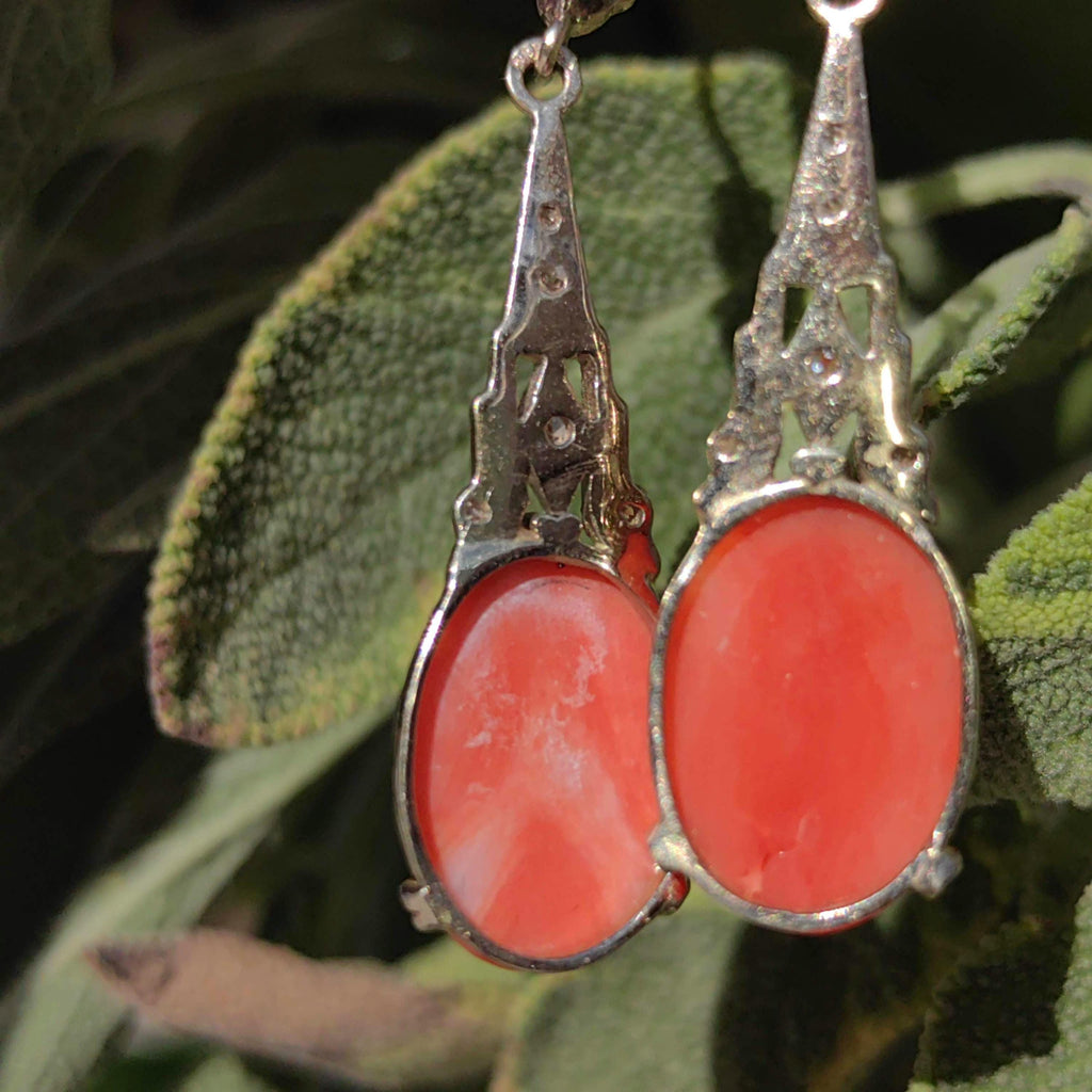 Art Deco Coral Diamond Earrings: 14k Yellow Gold Dangle Earrings