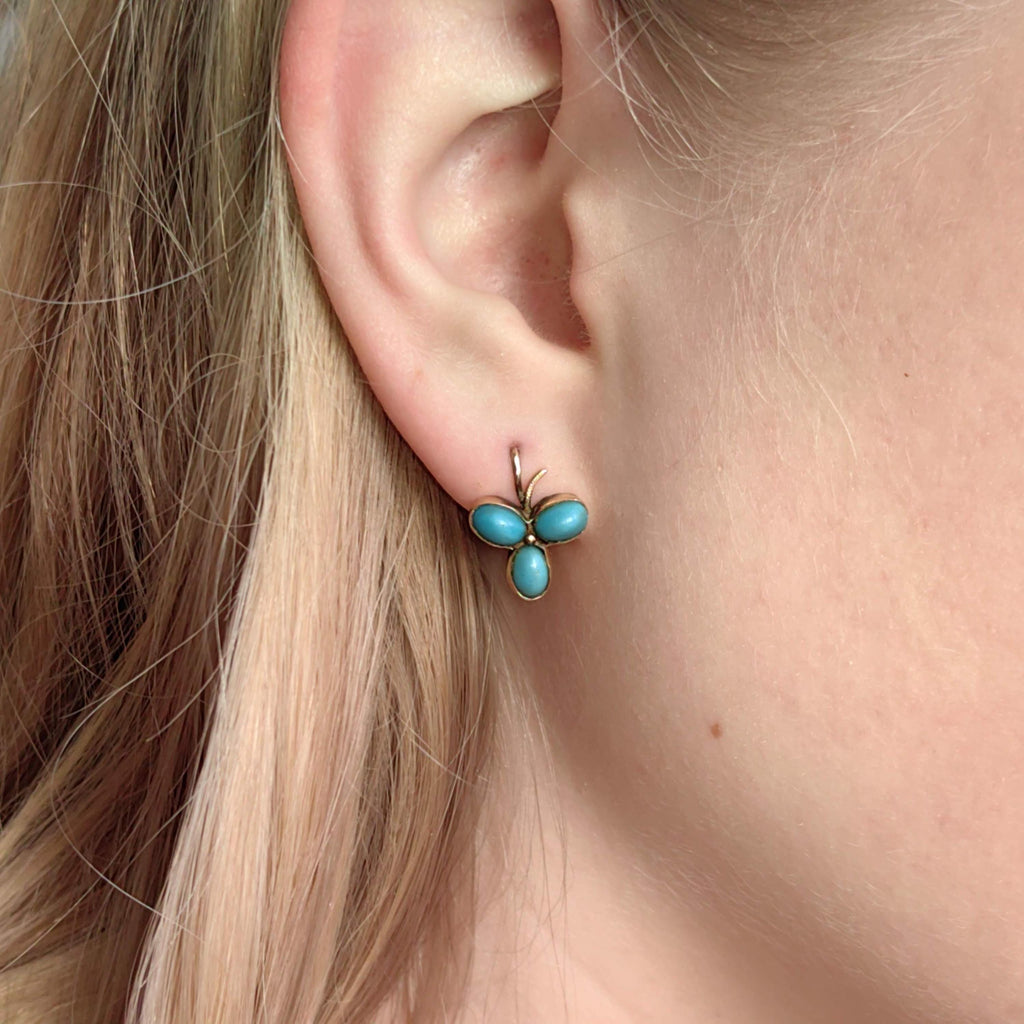 Antique 14k Gold Turquoise Earrings: Art Nouveau Trefoil Sleepers