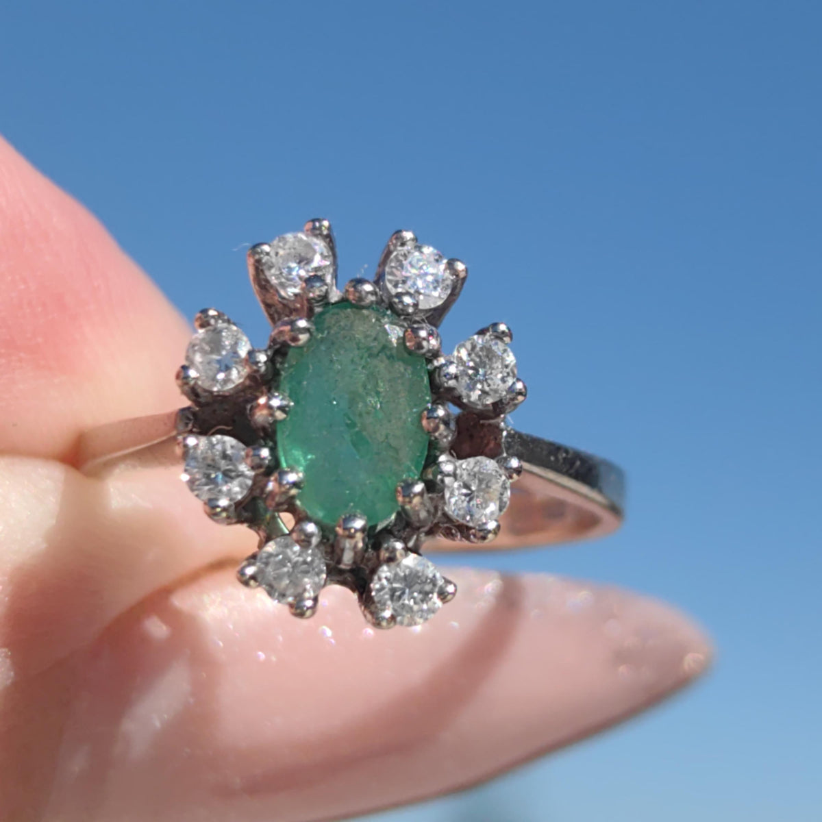 Vintage Emerald Diamond 14k Hallmarked Solid White Gold Elegant Dainty Mid-Century Engagement Ring Gift for Her Statement Ring