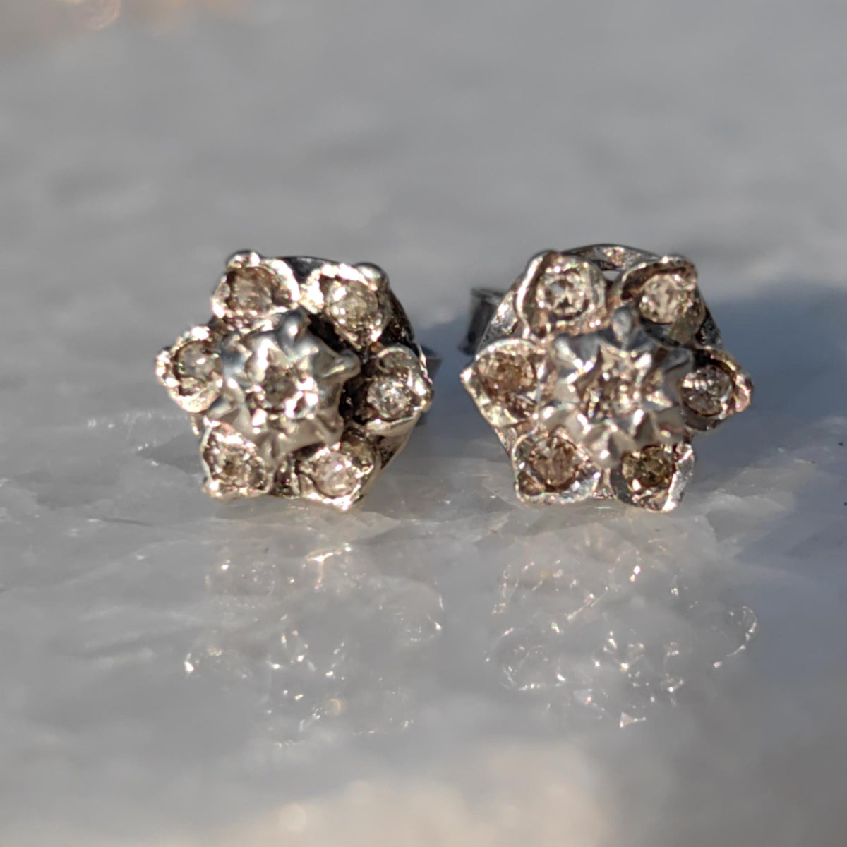 Art Deco 14k Gold Diamond Floral Stud Earrings: 1940s Vintage Engagement
