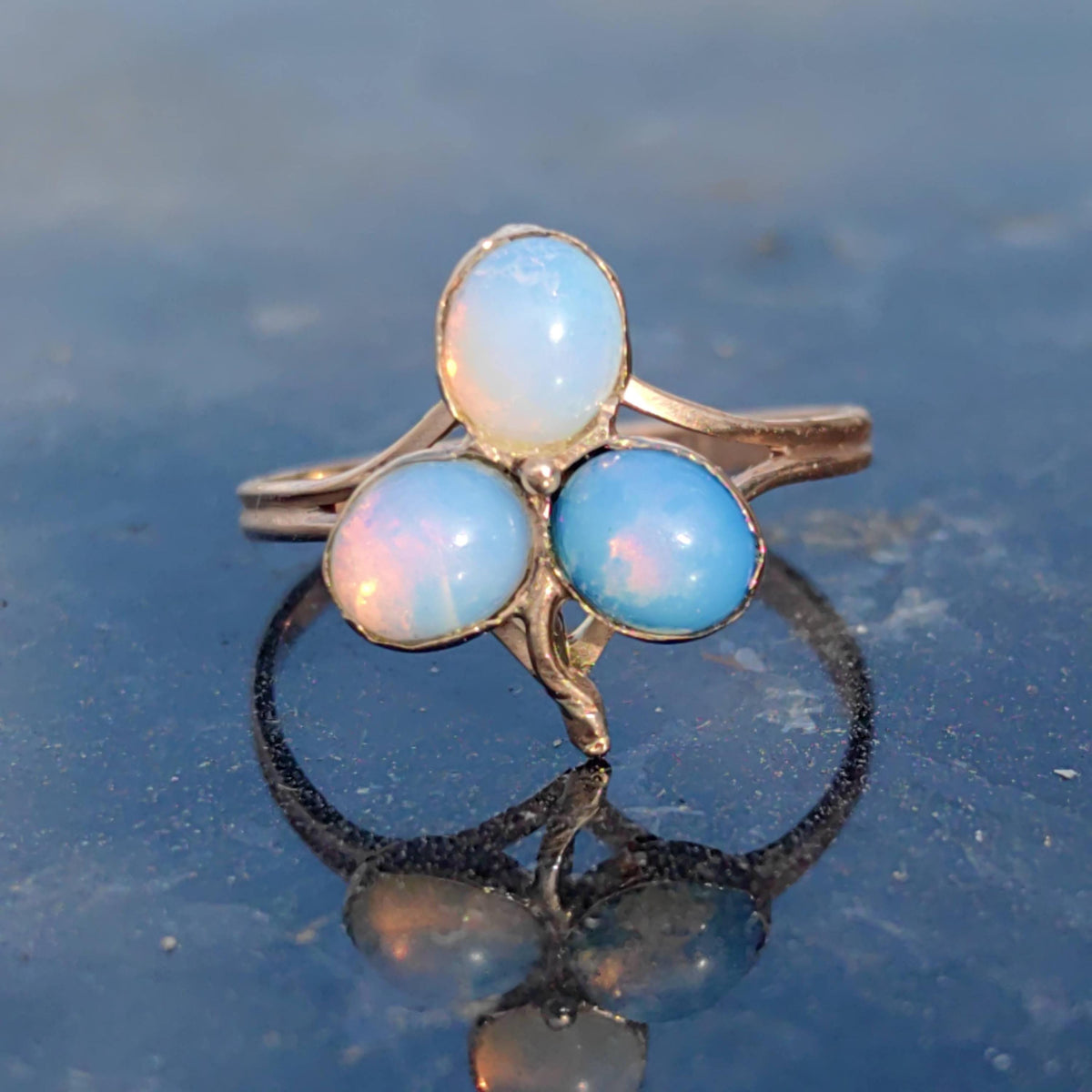 Art Nouveau Antique Opal 1900s Tref Clover Solid 14k Yellow Rose Gold Vintage Floral Flower Dainty Ring Gift for Her Girl Romantic Present.