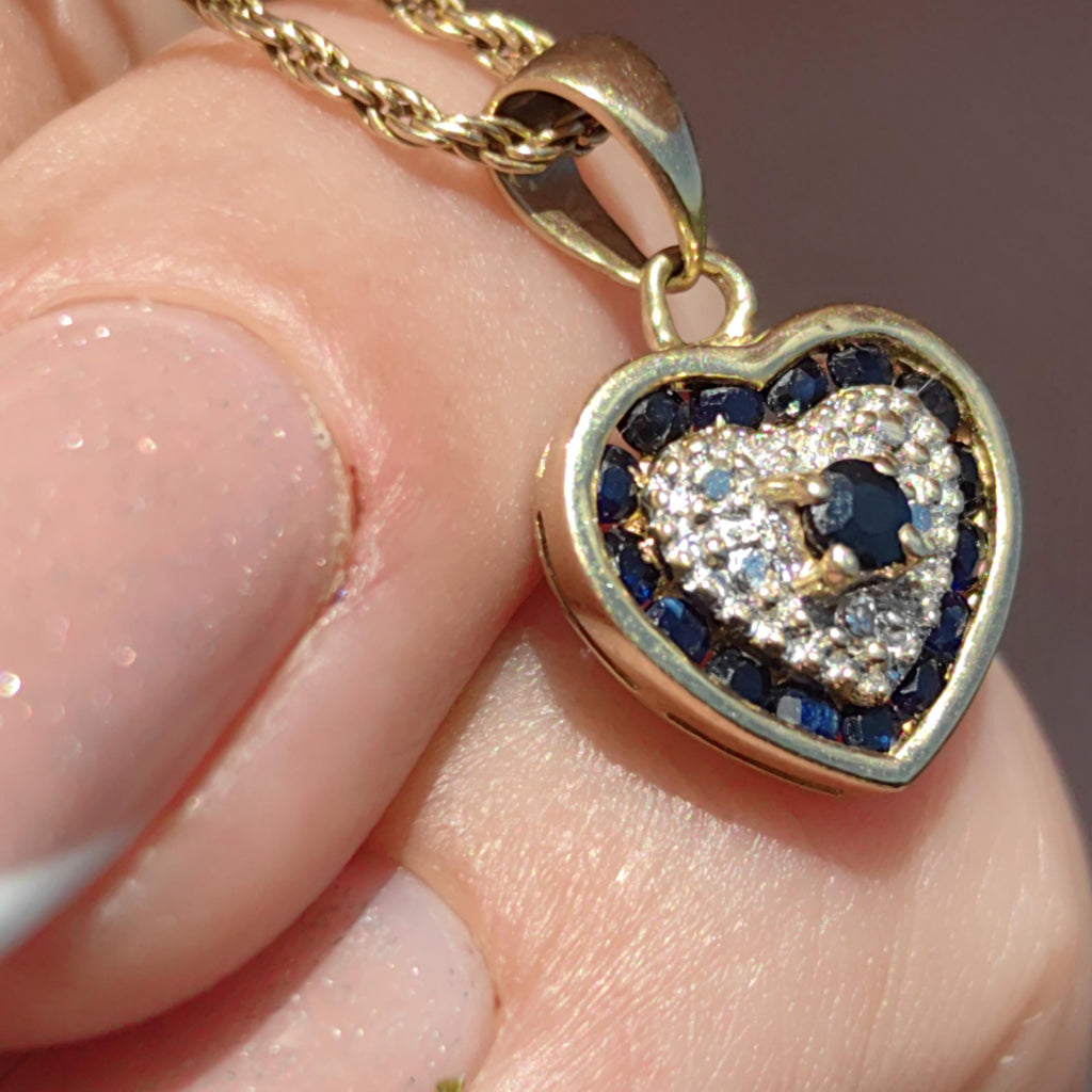 Sapphire Diamond 14k Yellow Gold Heart Pendant - Vintage Charm