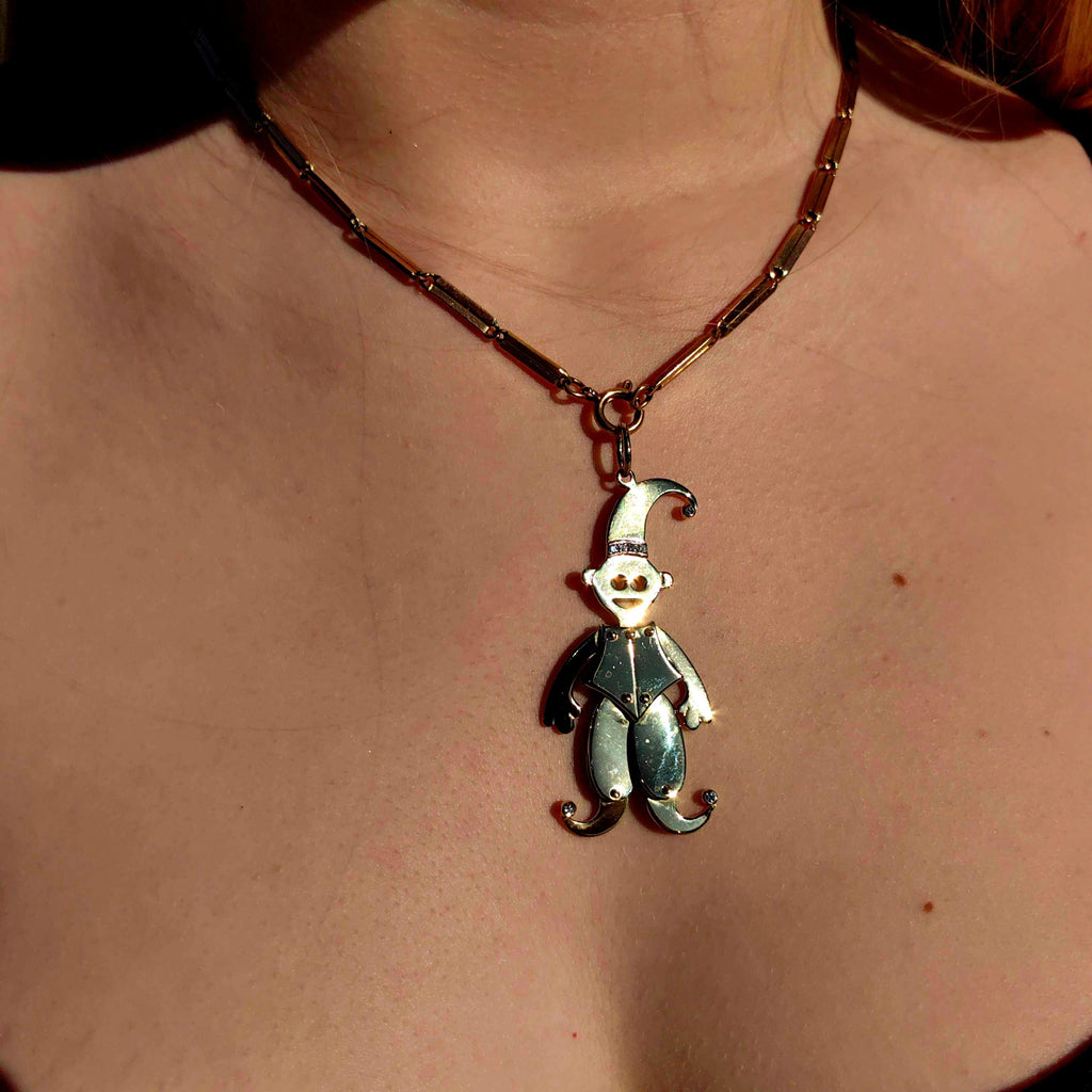 Vintage WEMPE 14K Solid Yellow Gold Jester Clown Pendant with Moving Dangle and Diamonds Large Medal Pendant Retro Fun Jewelry Gift