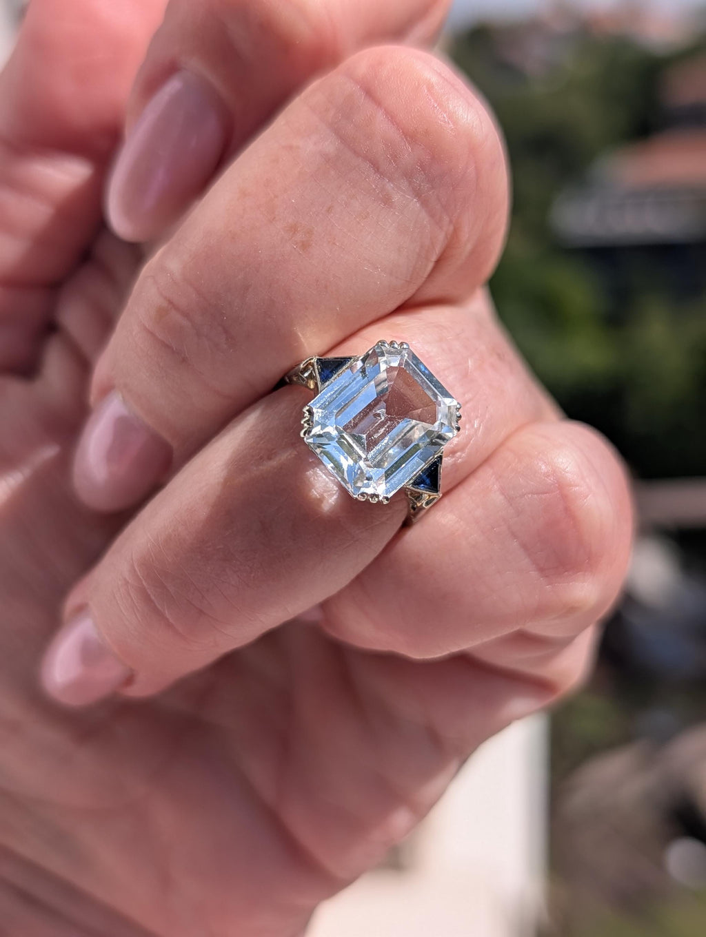 RESERVED!! French Art Deco Goshenite Sapphire Ring, 18k Gold Emerald Cut Beryl Cocktail Ring