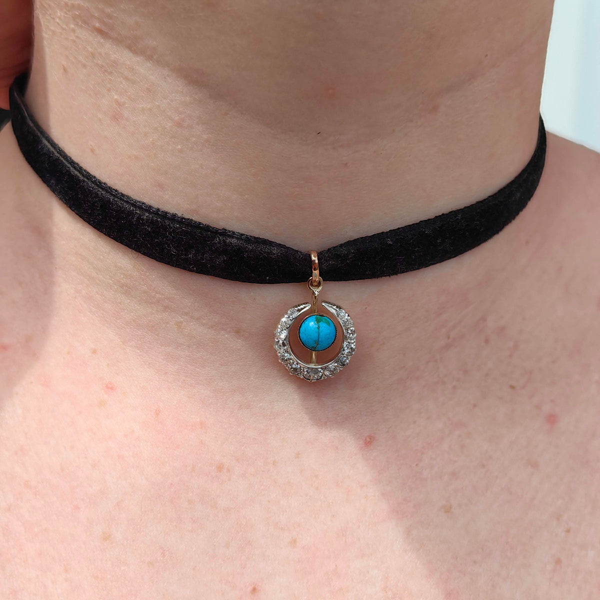 Art Nouveau Antique Vintage Turquoise and Diamond Gold Moon Pendant