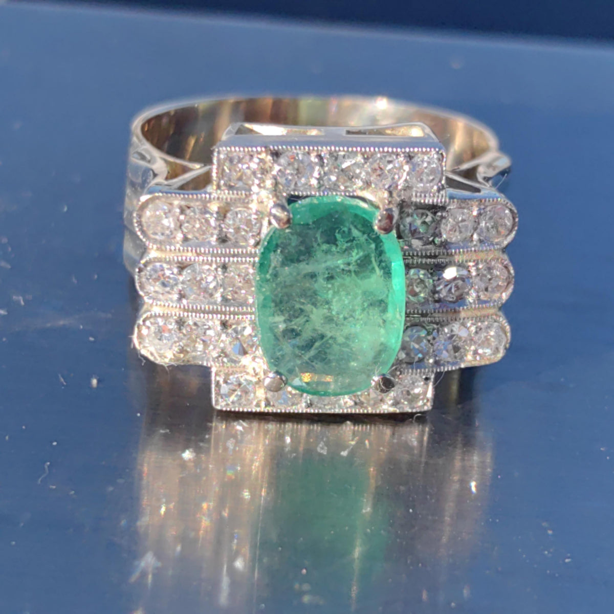 Colombian Emerald Diamond Ring  Solid White Gold Statement Art Deco 1920s Vintage Band Ring Gift for Her Large Chevalier Ring