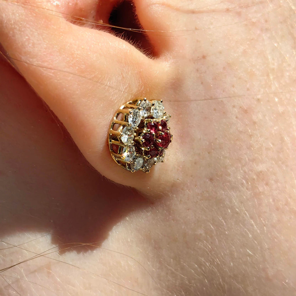 Vintage 18K Gold Floral Earrings: Ruby and Diamond Studs