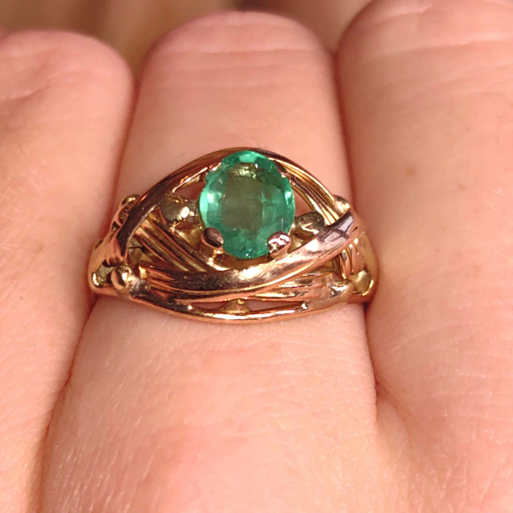 Art Nouveau 1900s Emerald Hallmarked 14k 585 Solid Yellow Rose Gold Antique Vintage Oval Natural Stone Band Solitaire Ring Gift Present