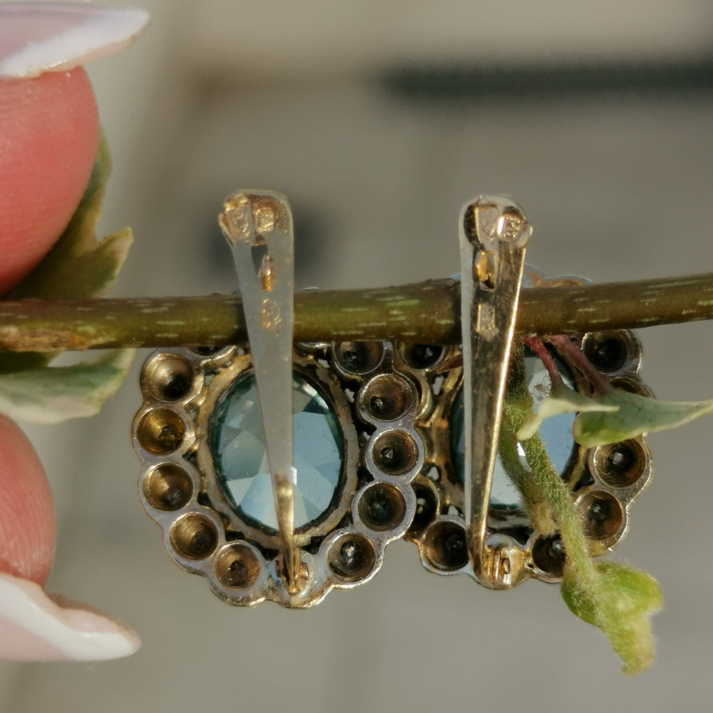 Vintage 1940s Aquamarine Diamond Earrings: 19.2k Gold & Silver Studs