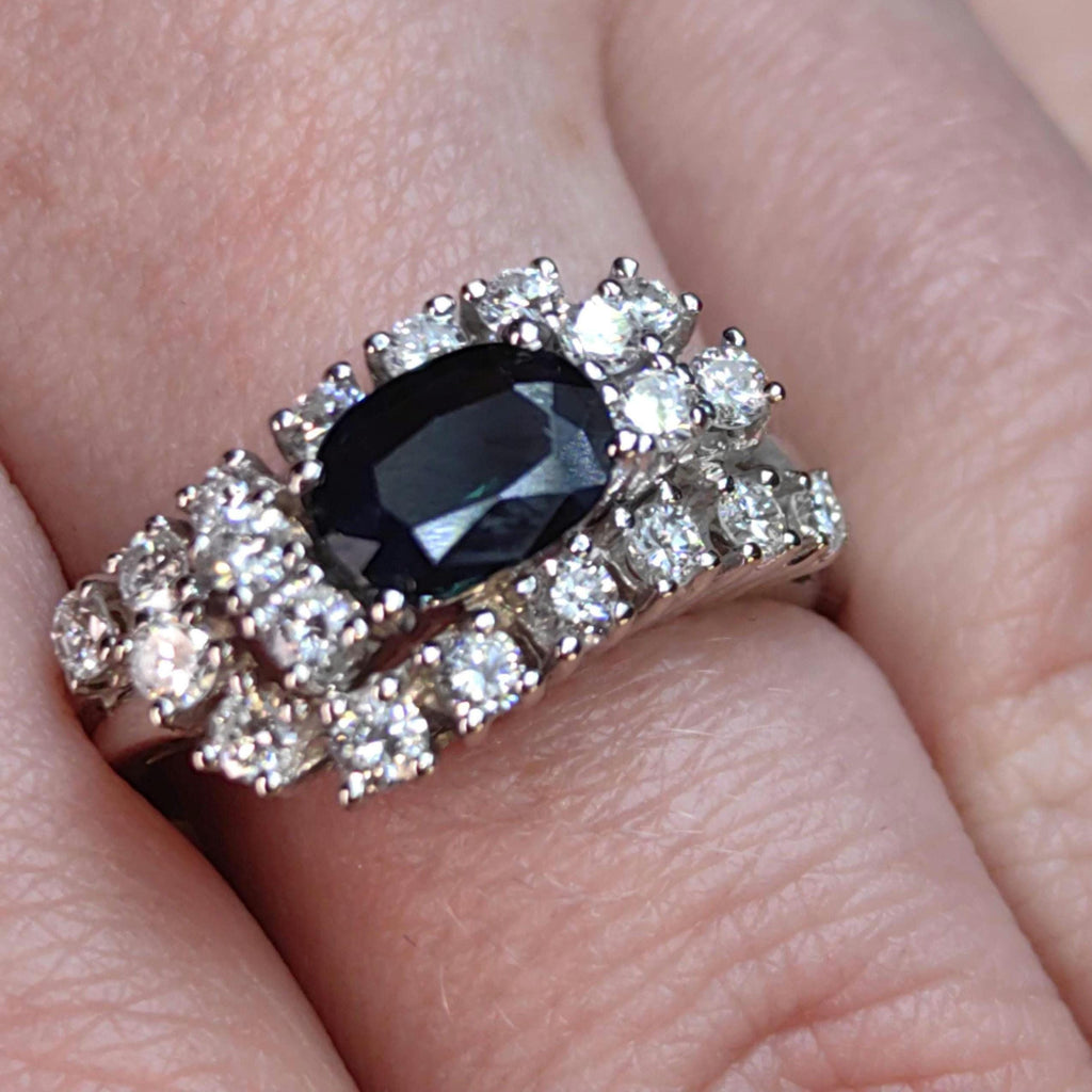 Vintage Mid-Century Sapphire Diamond Ring: 14k White Gold Engagement Ring