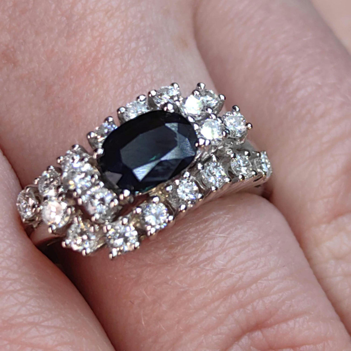 Vintage Mid-Century Sapphire Diamond Ring: 14k White Gold Engagement Ring