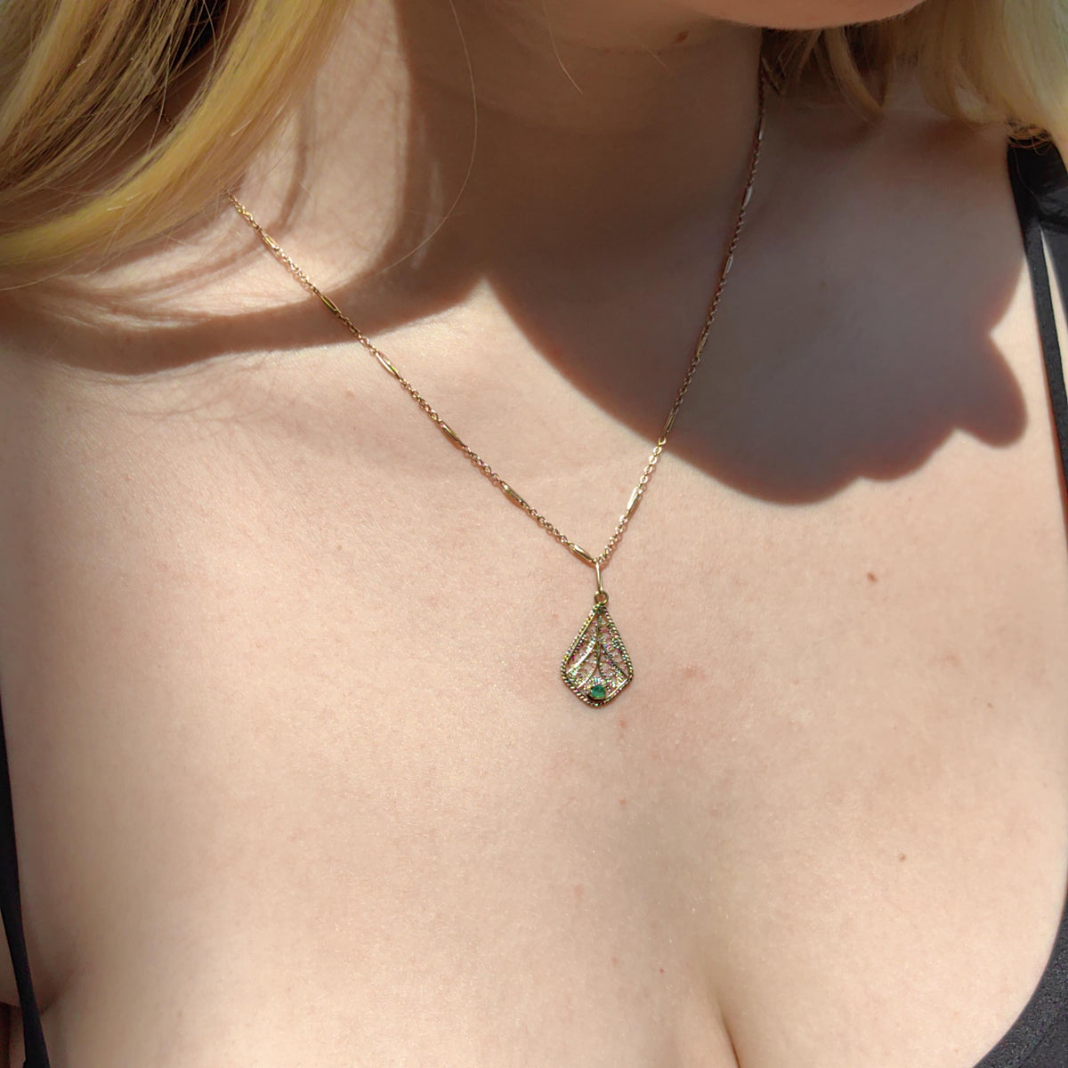 Victorian Emerald Pendant: 14k Yellow Gold Filigree, Hand-Chiseled Floral Charm