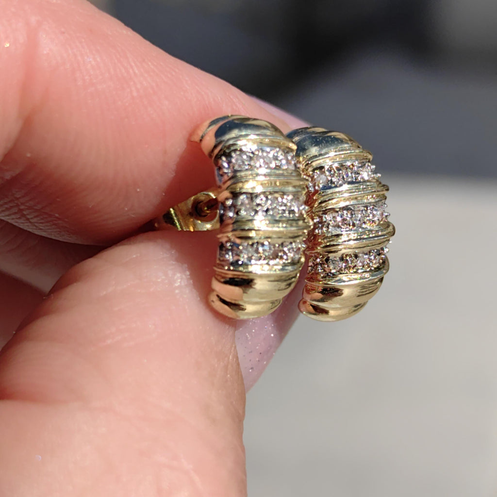 Vintage 14k Yellow Gold Diamond Half Hoop Earrings – Geometric Cluster Fine Jewelry