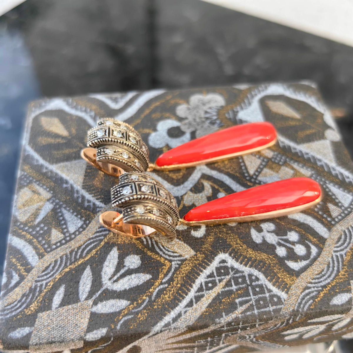 Art Deco Antique Vintage Coral and Diamond Dangle Earrings