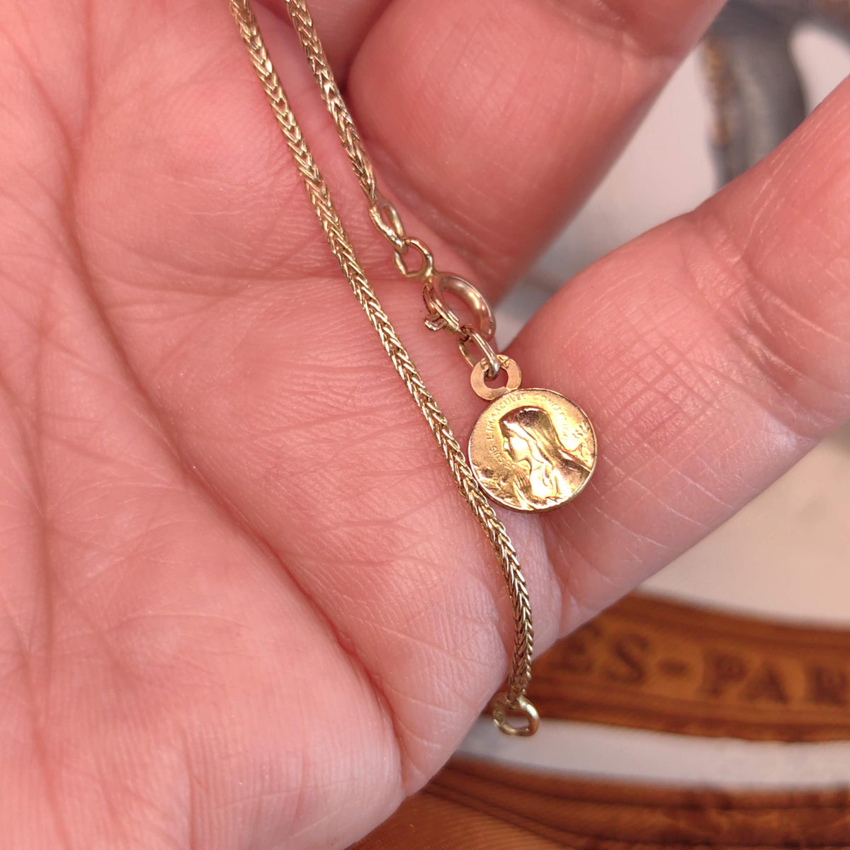 1900s Art Nouveau 14k Solid Yellow Rose Gold Handmade Chain Bracelet with Madonna Virgin Mary Christian Catholic Antique Vintage Charm