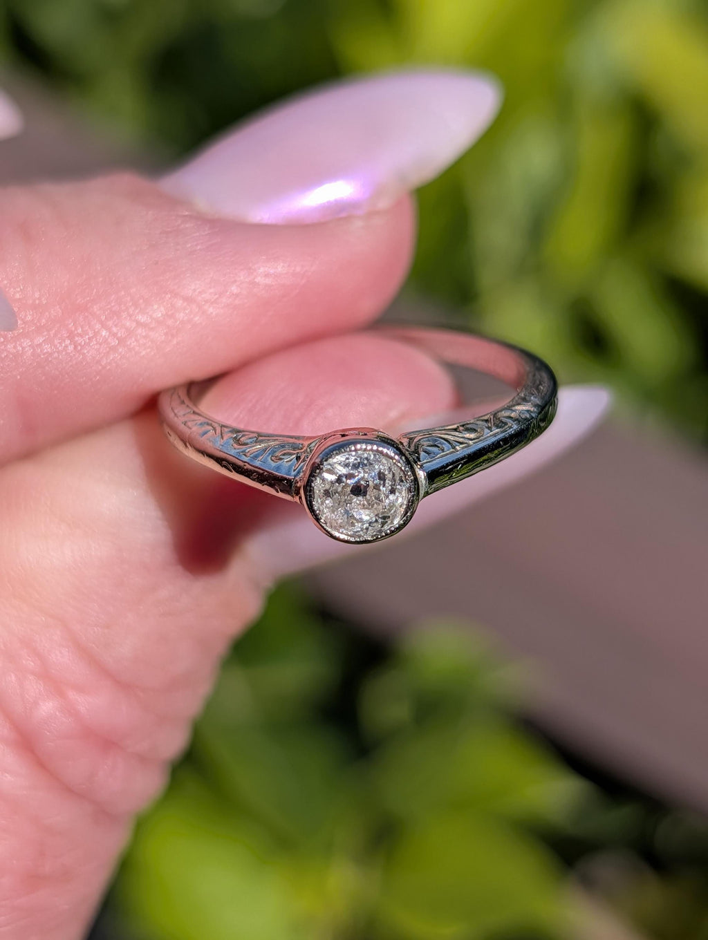Antique Edwardian Art Nouveau Diamond Solitaire Engagement Ring, 14k Gold Old European Cut Bud Bezel Hand Engraved Ring
