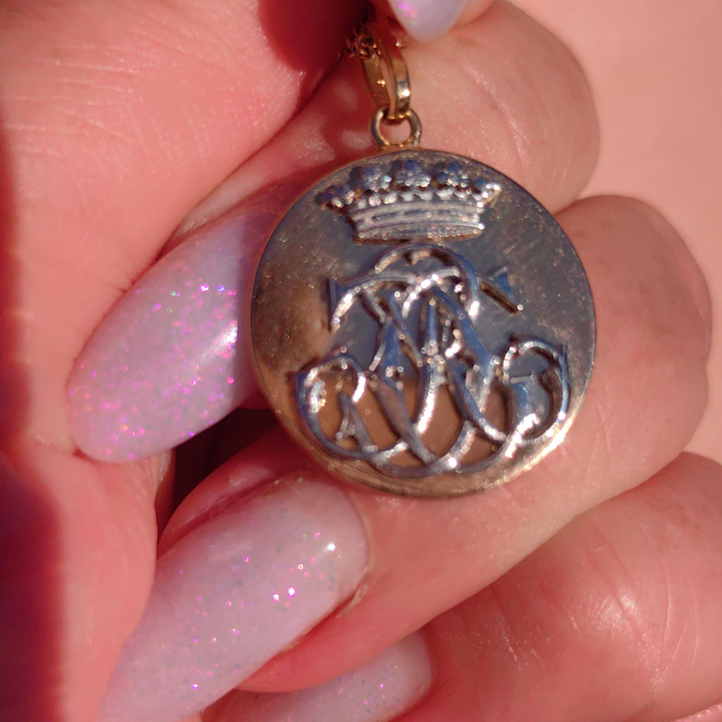 1900s Initial Solid 18k Hallmarked Yellow White Gold Crown Royal Aristocratic Pendant  C J Initial Name Necklace Charm Medal Gift