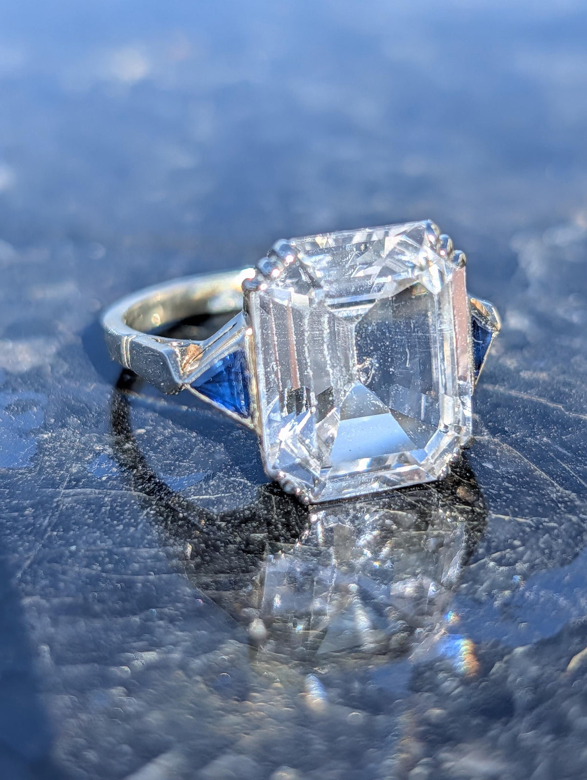 RESERVED!! French Art Deco Goshenite Sapphire Ring, 18k Gold Emerald Cut Beryl Cocktail Ring
