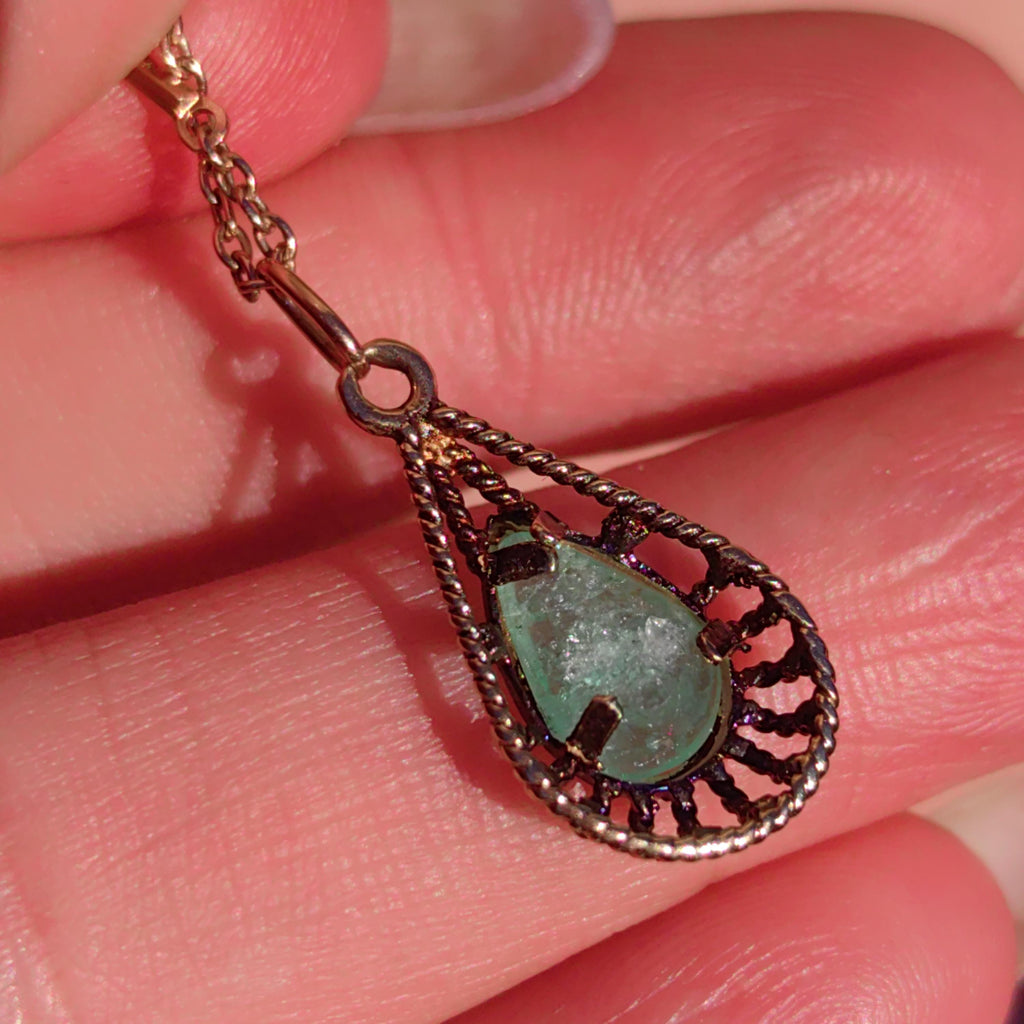Art Deco Emerald Pendant: 14k Yellow Gold Filigree, Hand-Chiseled Floral Charm