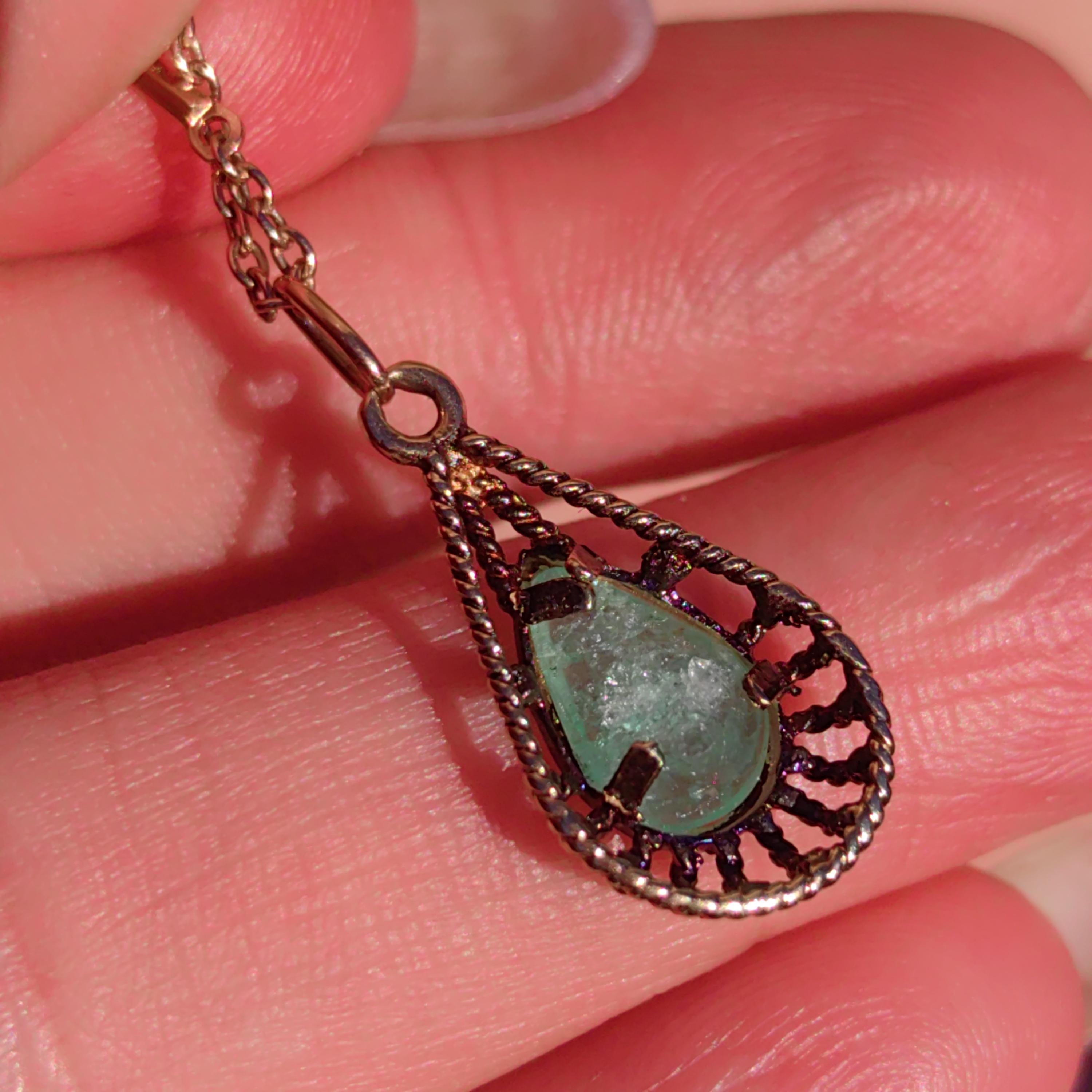 Art Deco Emerald Pendant: 14k Yellow Gold Filigree, Hand-Chiseled Floral Charm