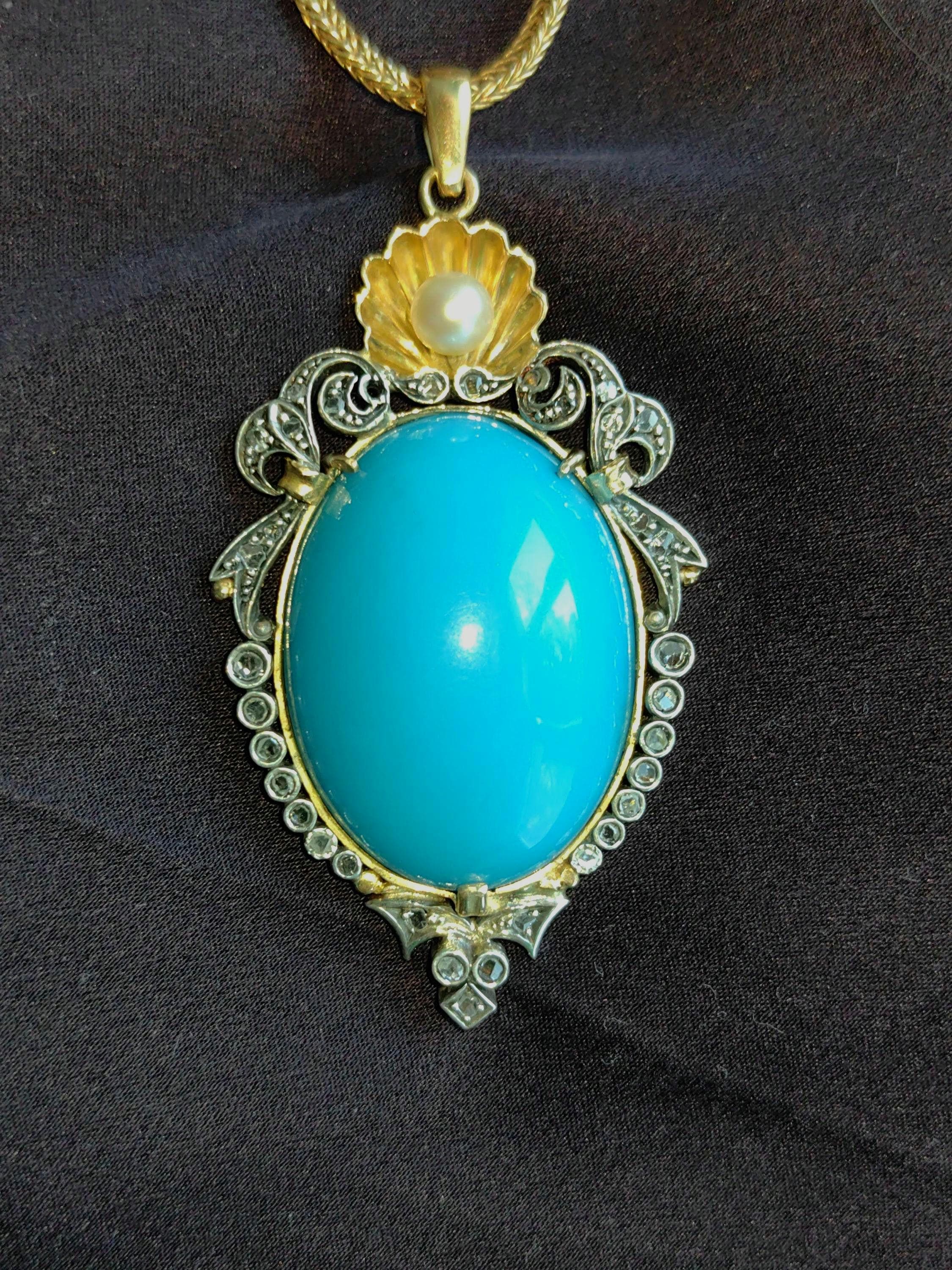 1930s Art Deco Turquoise Pendant: 18k Yellow Gold Diamond Pearl Necklace