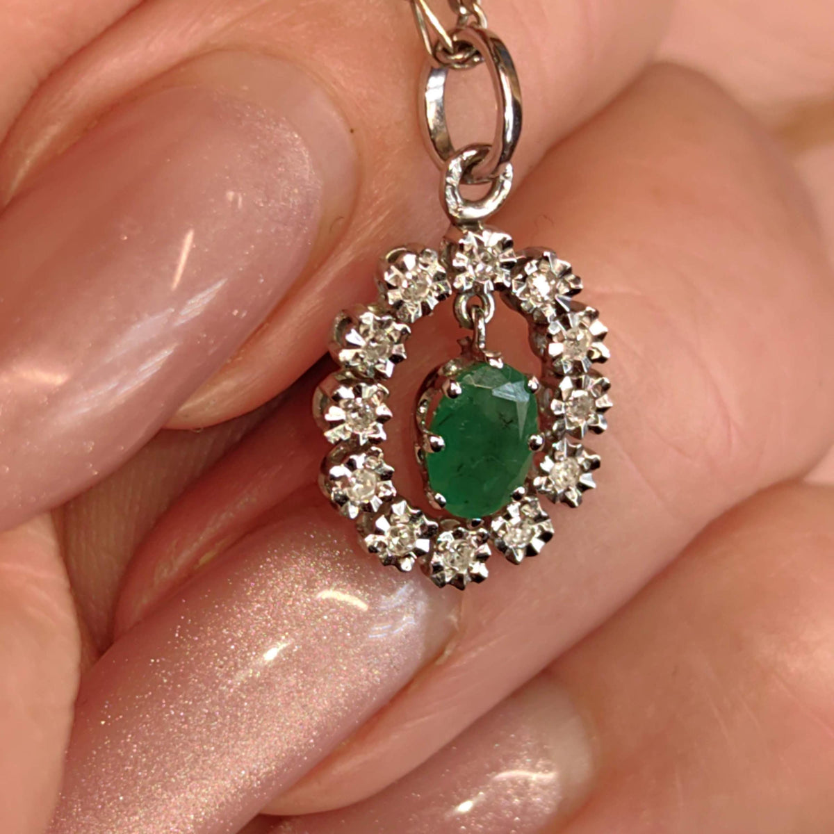 Natural Emerald and Diamond 14k Solid White Gold Dangle Charm Pendant Elegant Dainty Vintage Gift her Present