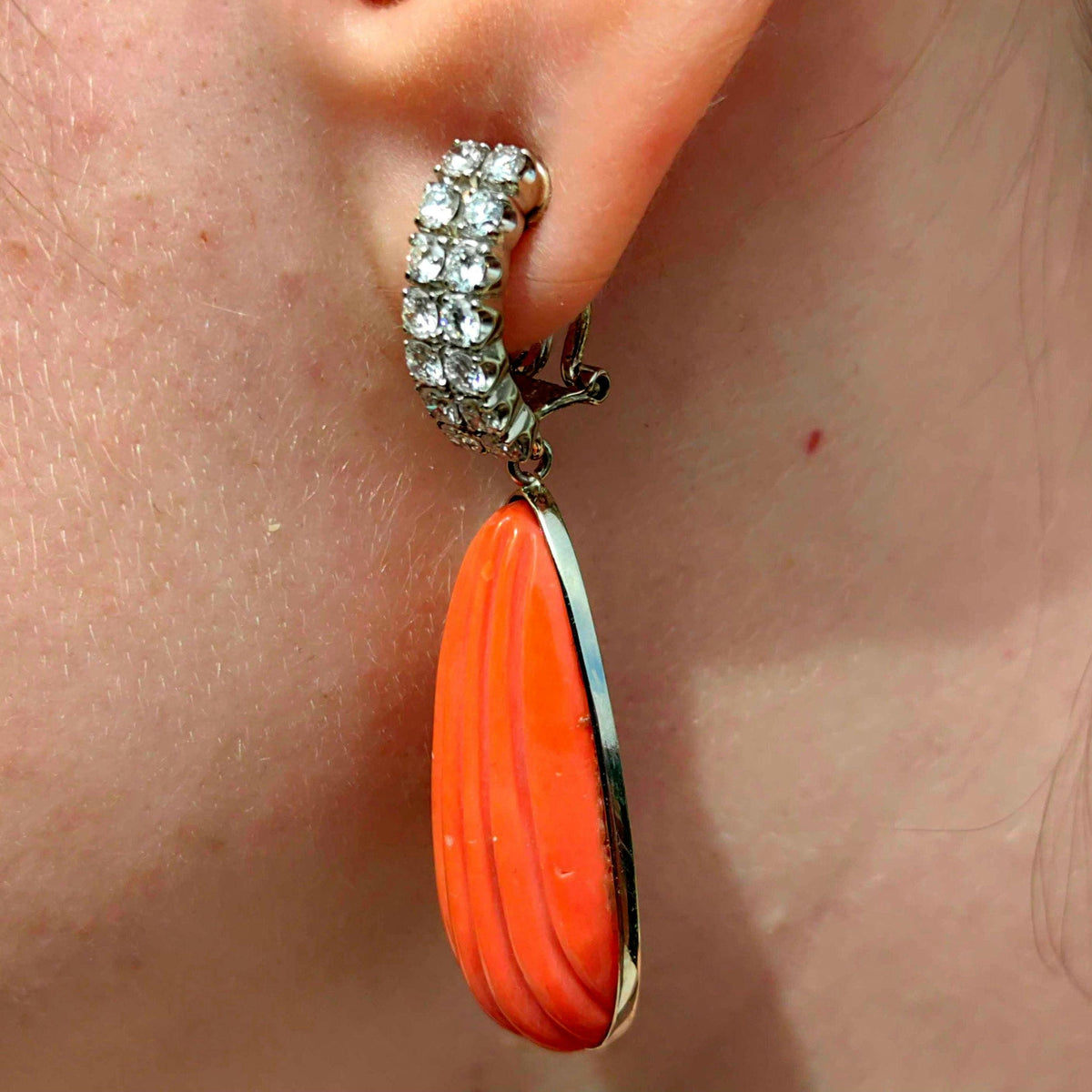 Vintage 1960s Natural Coral Diamond Dangle Earrings, 18K White Gold, 1.96ct, Carved Coral