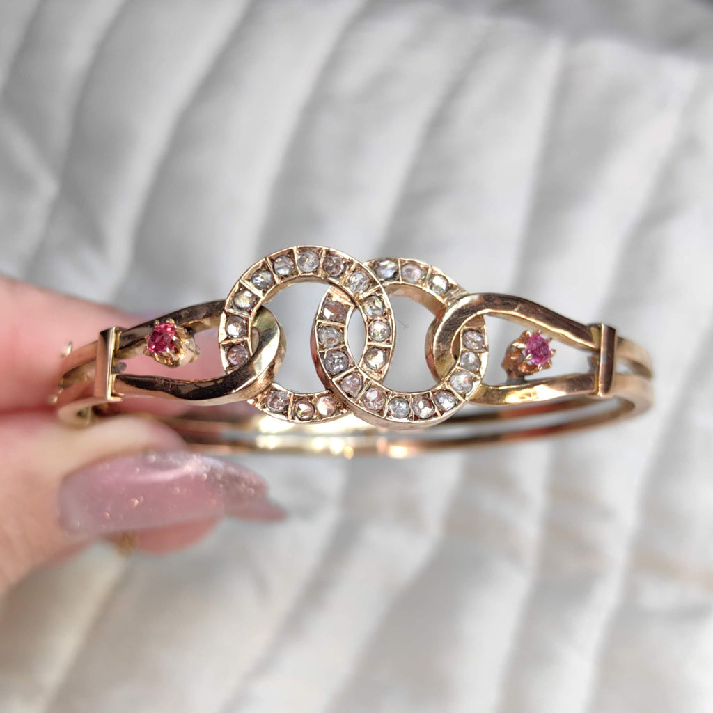 Edwardian Ruby Rose Cut Diamond 18K Gold Bangle Bracelet