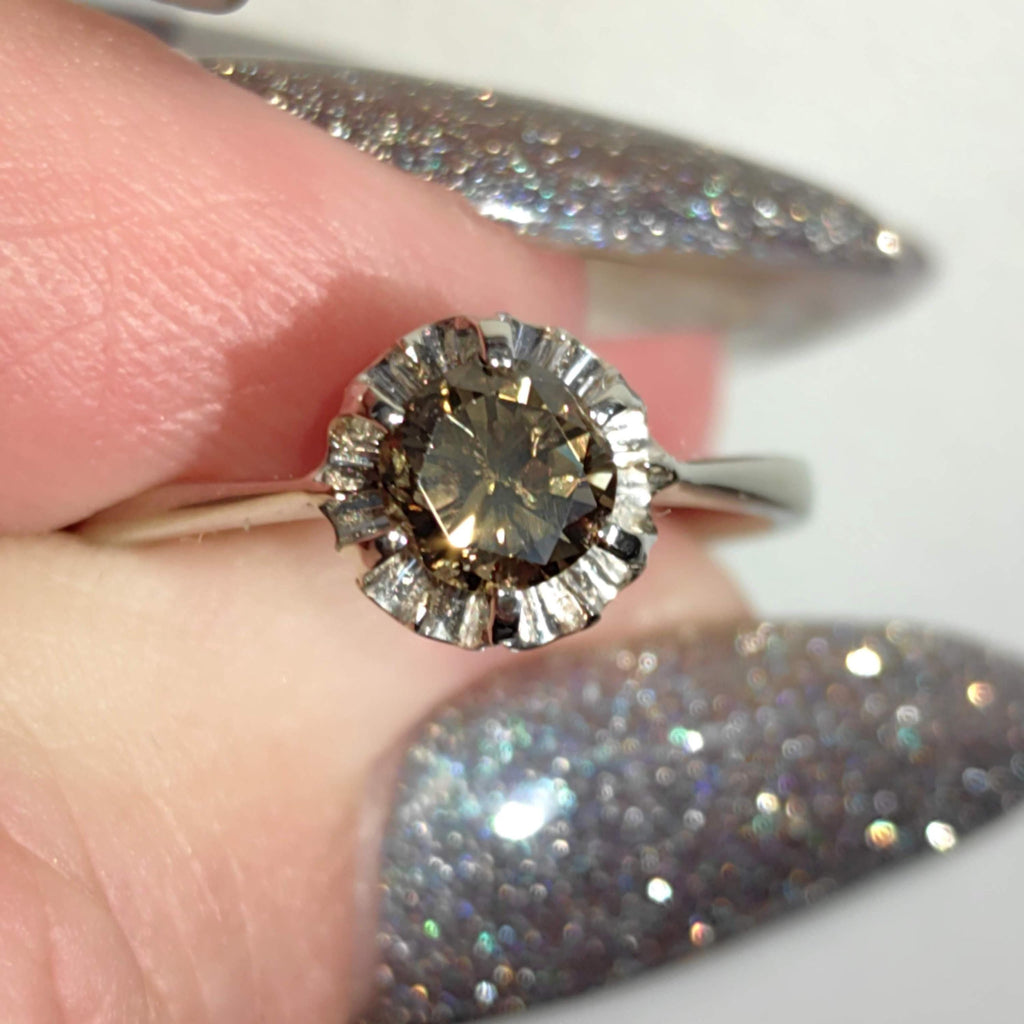 Fancy Brown Diamond White 18k Hallmarked Gold Elegant Solitaire Engagement Ring Gift for Her Present Cognac Diamond