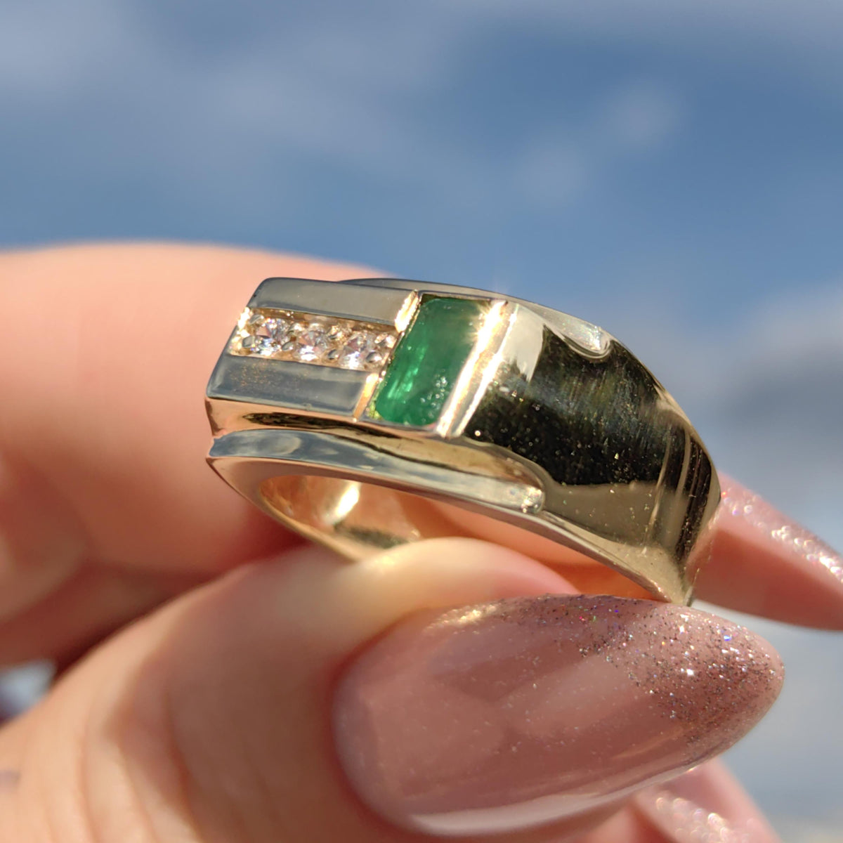 14k Yellow Gold Emerald & Diamond Ring: 1980s Geometric Statement