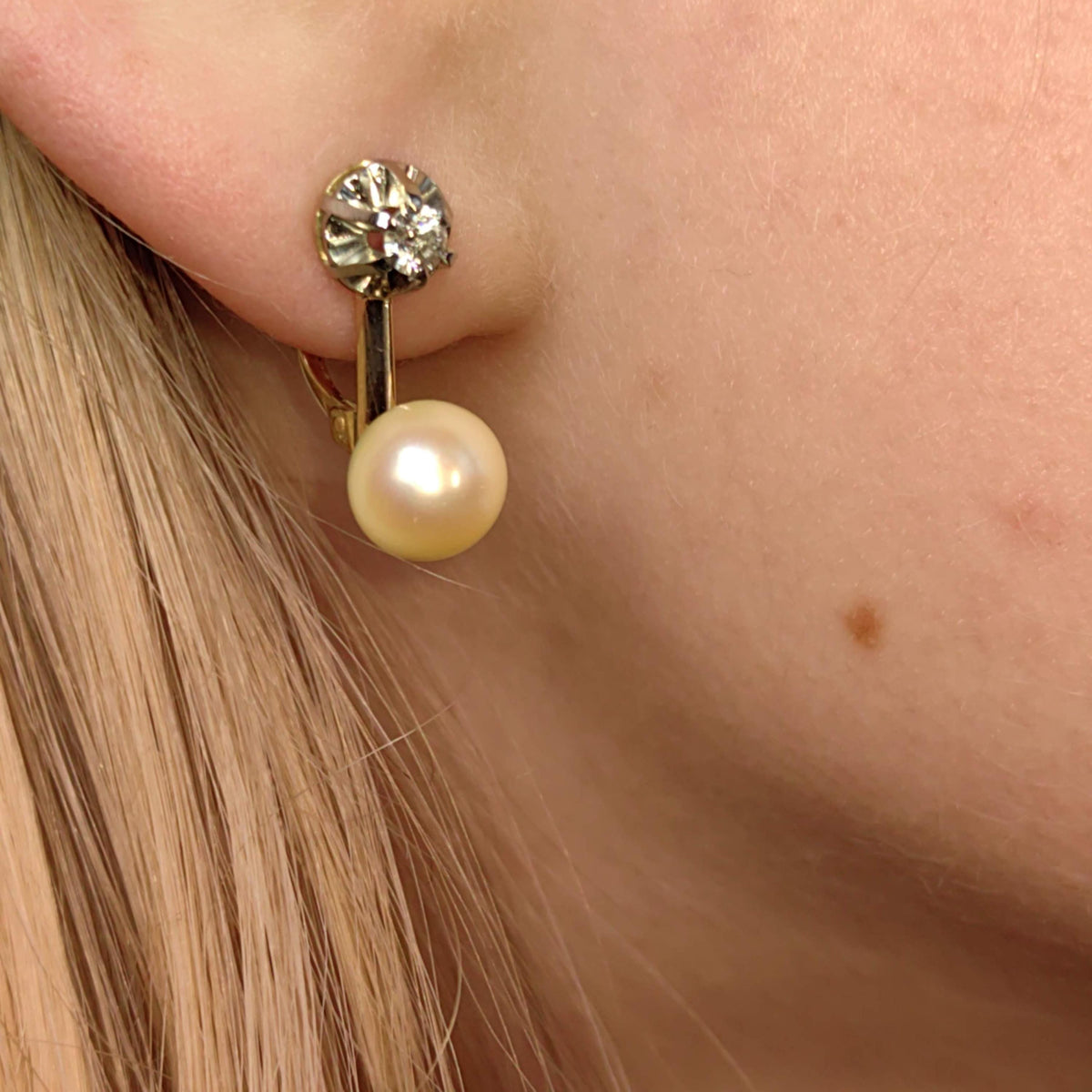 Natural Pearl and Diamond Solid 18k Solid Yellow Gold, Handmade Antique 1940s Elegant Earrings Gift for Her Present