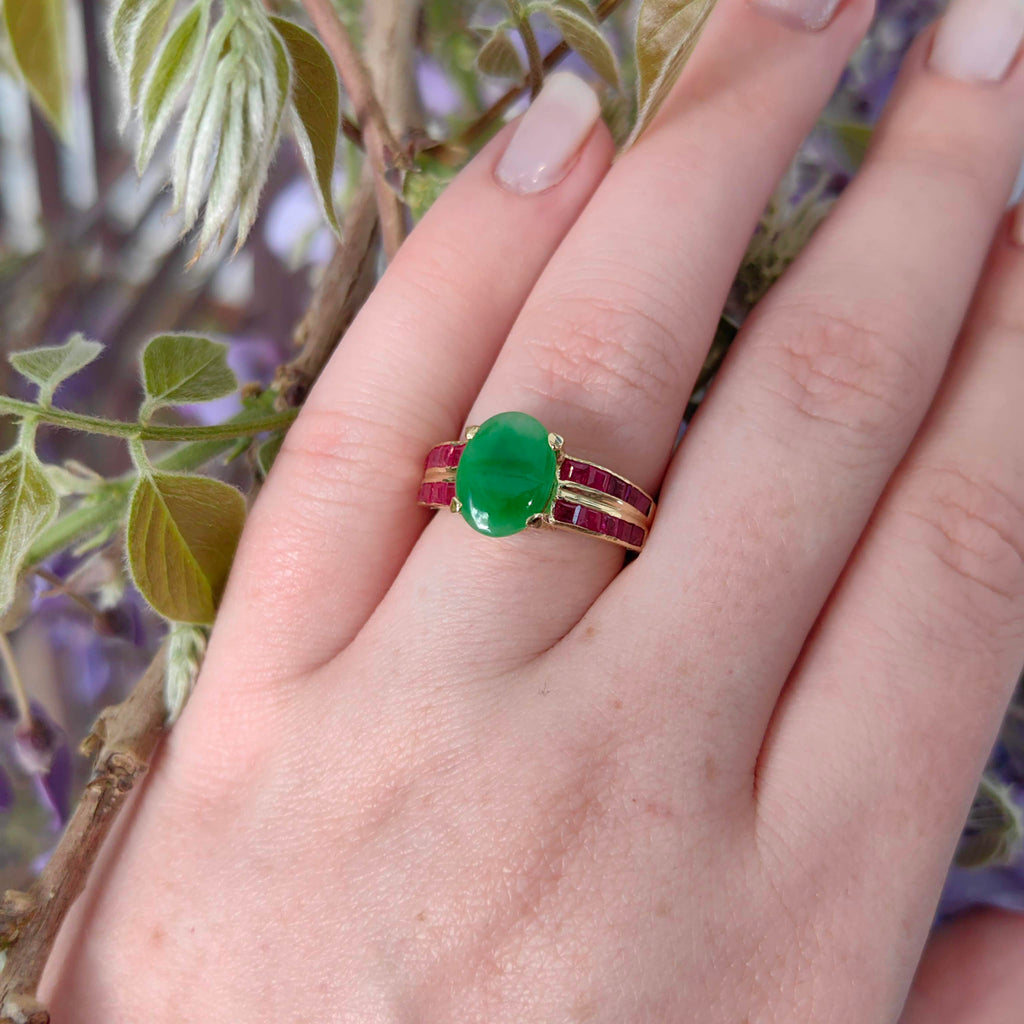 Vintage 18K Gold Jadeite & Ruby Cocktail Ring - Hungarian Hallmarks