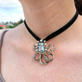 Victorian Blue Aquamarine Statement Brooch Elegant Pendant 14k Solid Gold Diamond & Pearl Bow Necklace Gift