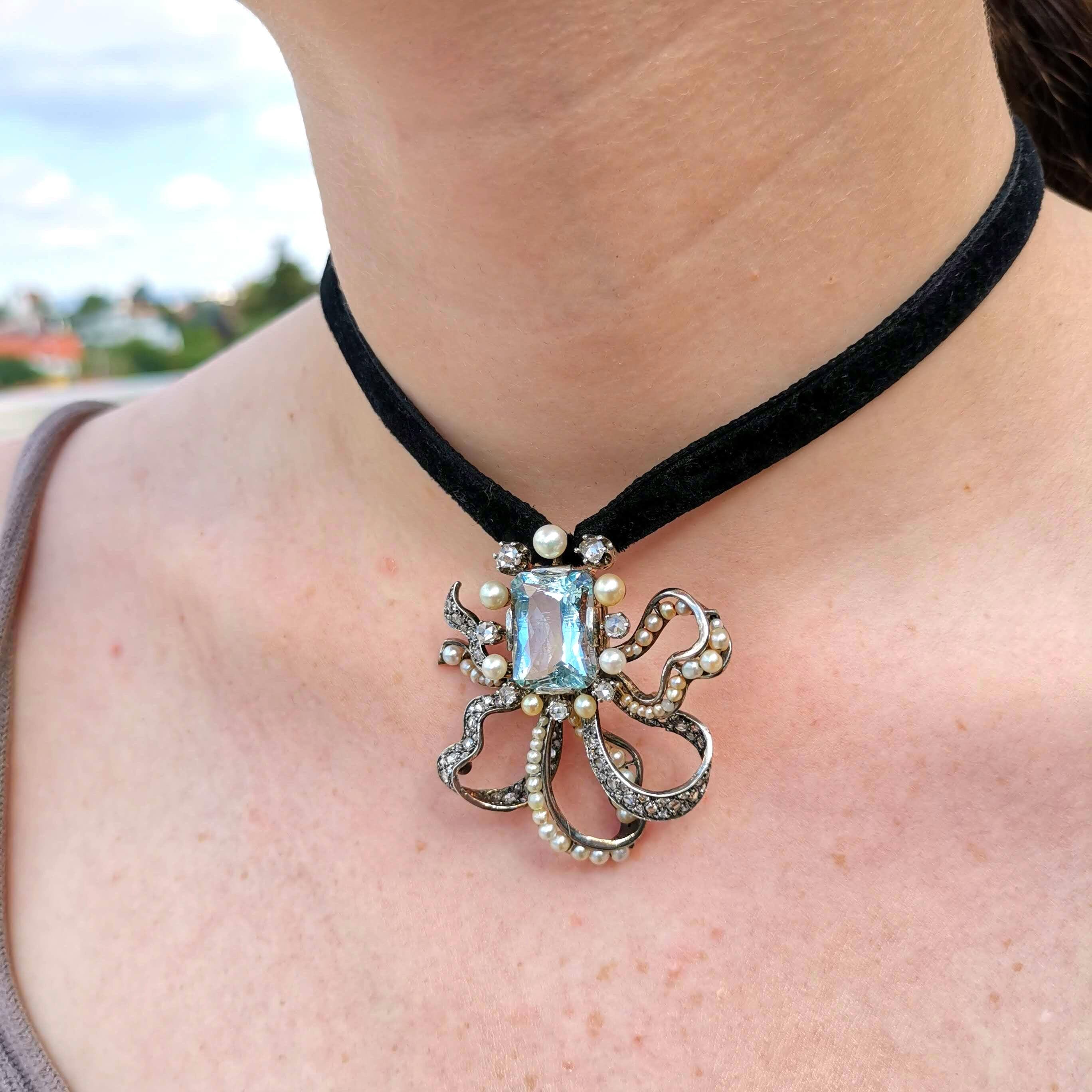 Victorian Blue Aquamarine Statement Brooch Elegant Pendant 14k Solid Gold Diamond & Pearl Bow Necklace Gift