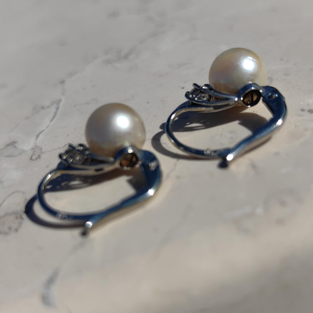 Diamond  Pearl 18k Solid White Gold Mid Century 1950s Antique Vintage Sleepers Lever Back Closure Elegant Earrings Gift for her