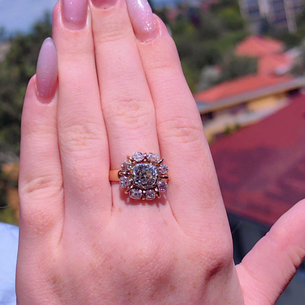 Georgian 18k Yellow Gold Diamond Floral Engagement Ring: Antique Statement Ring