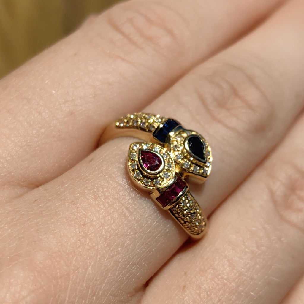 Vintage 18k Gold Snake Ring: Ruby, Sapphire & Diamond Accent