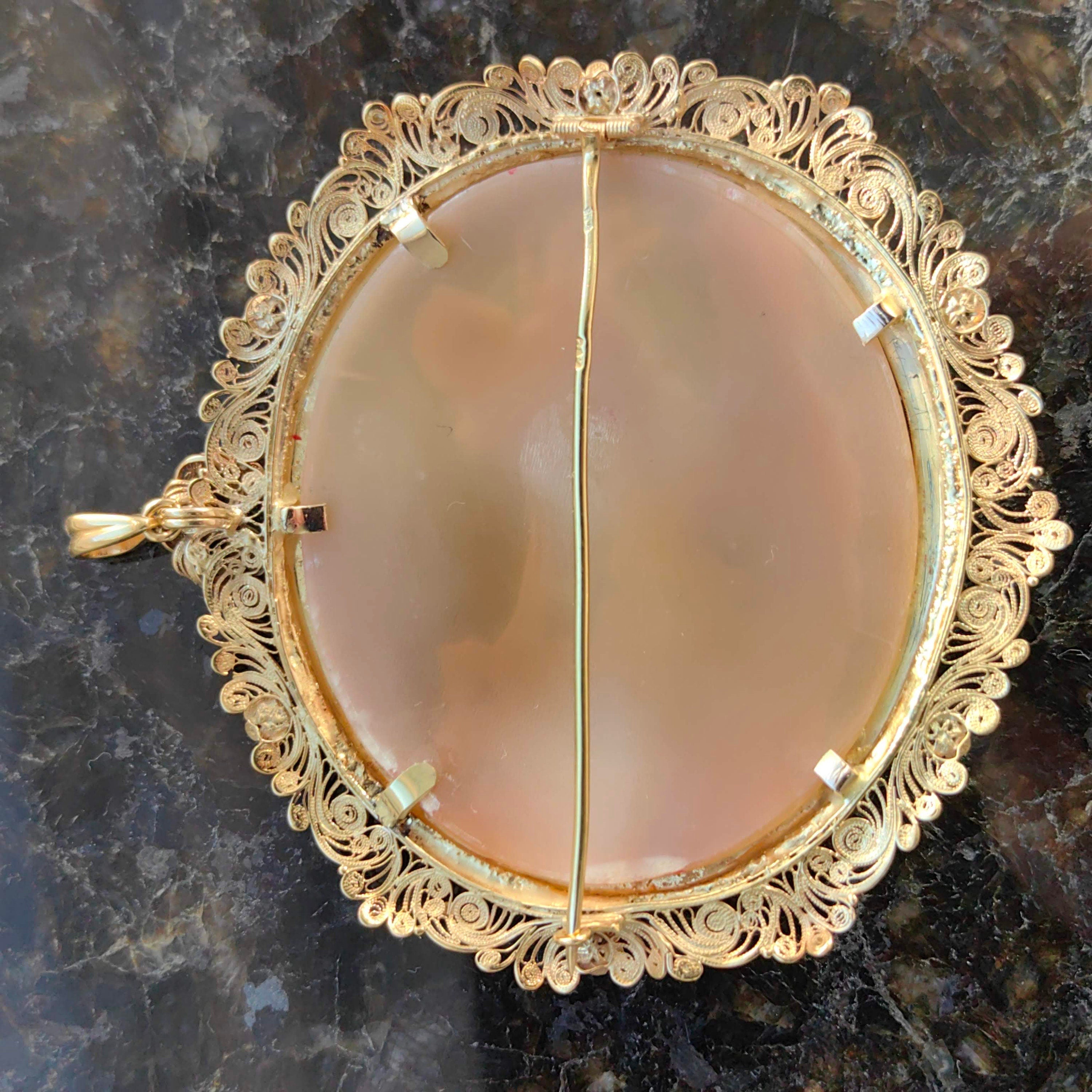 Antique 1830s Empire Shell Cameo Brooch Pendant: 14k Yellow Gold Filigree